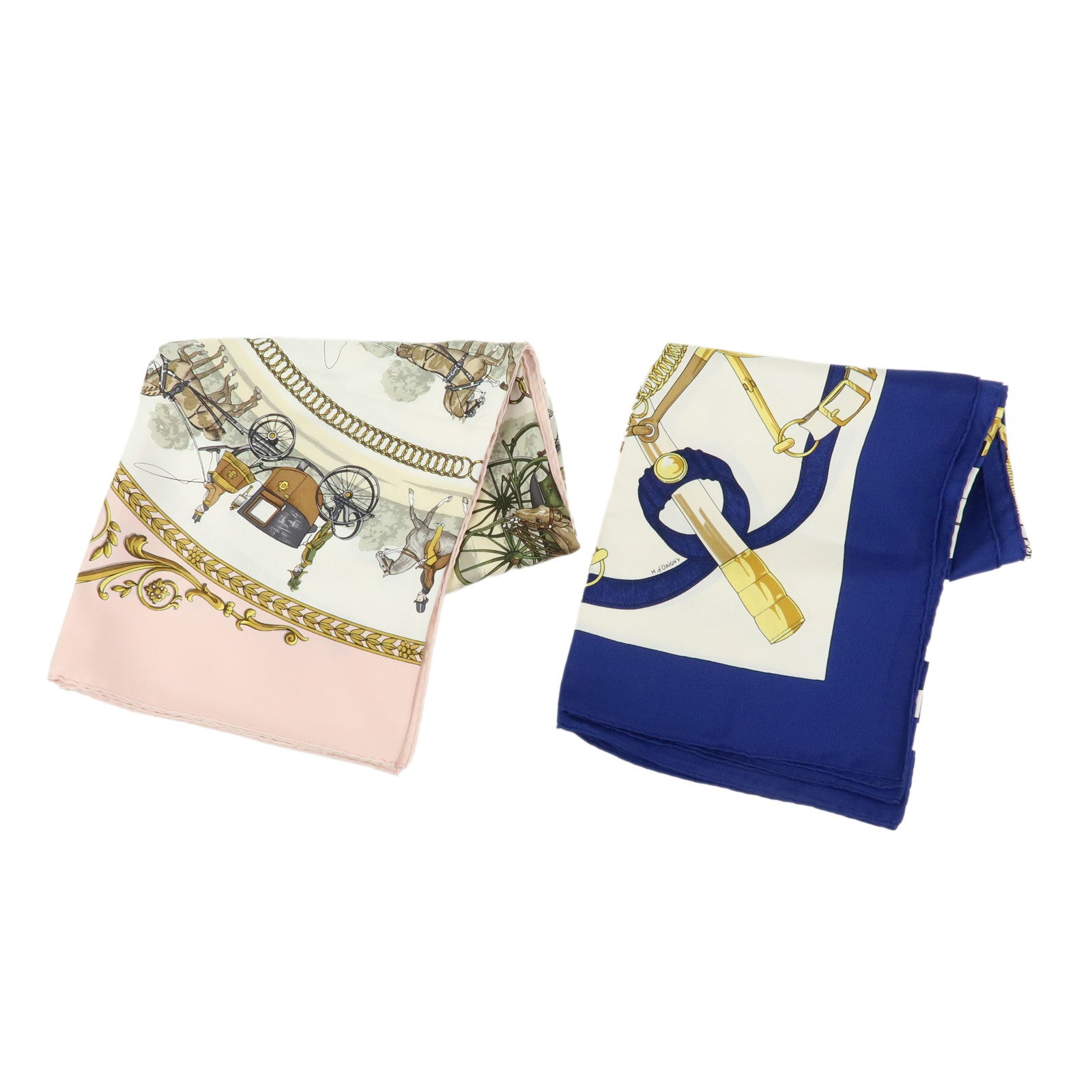HERMES Carre 90 Set of 2 Silk 100% Scarf Light Pink Navy White