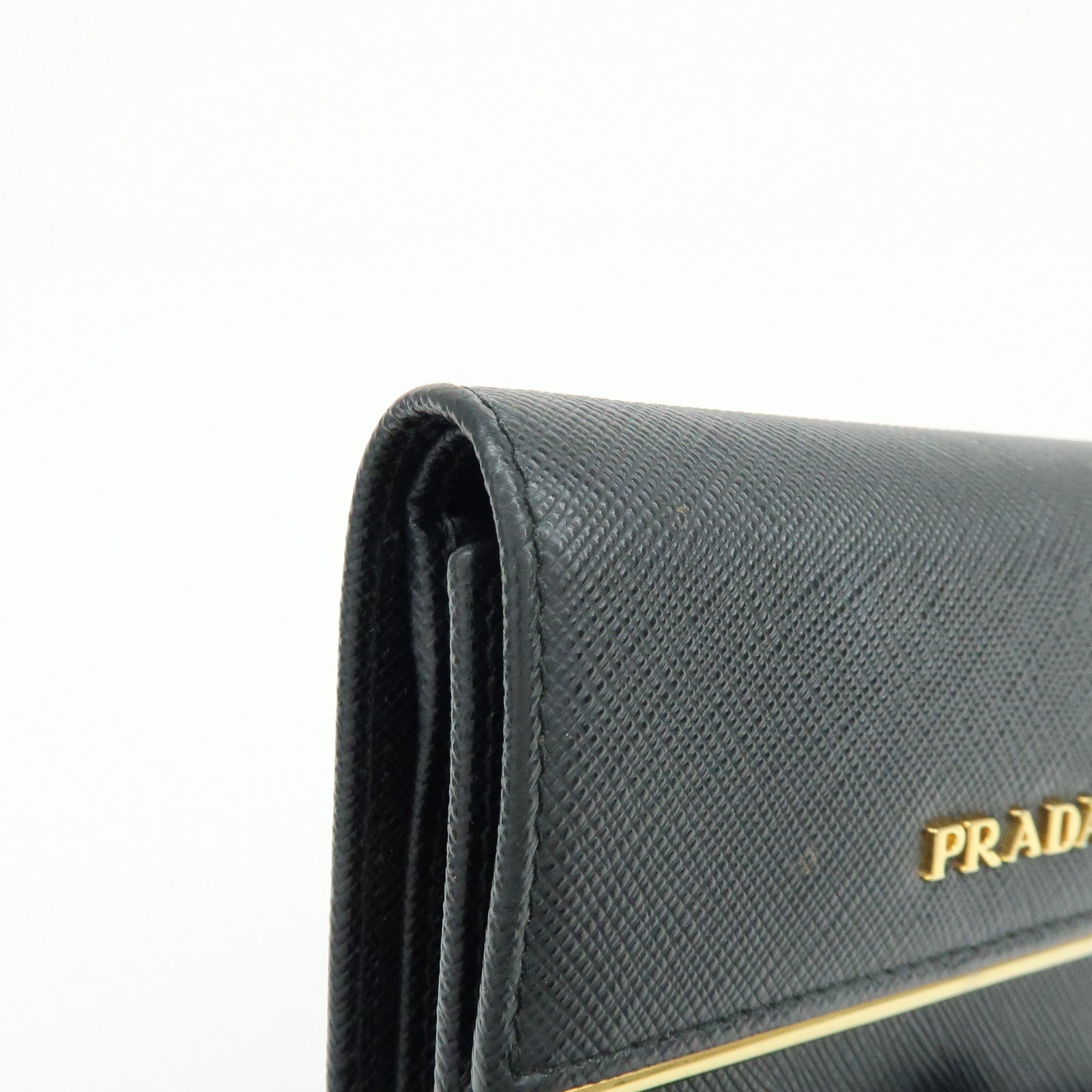 PRADA Saffiano Leather Bi-fold Compact Wallet Black Gold 1MH840
