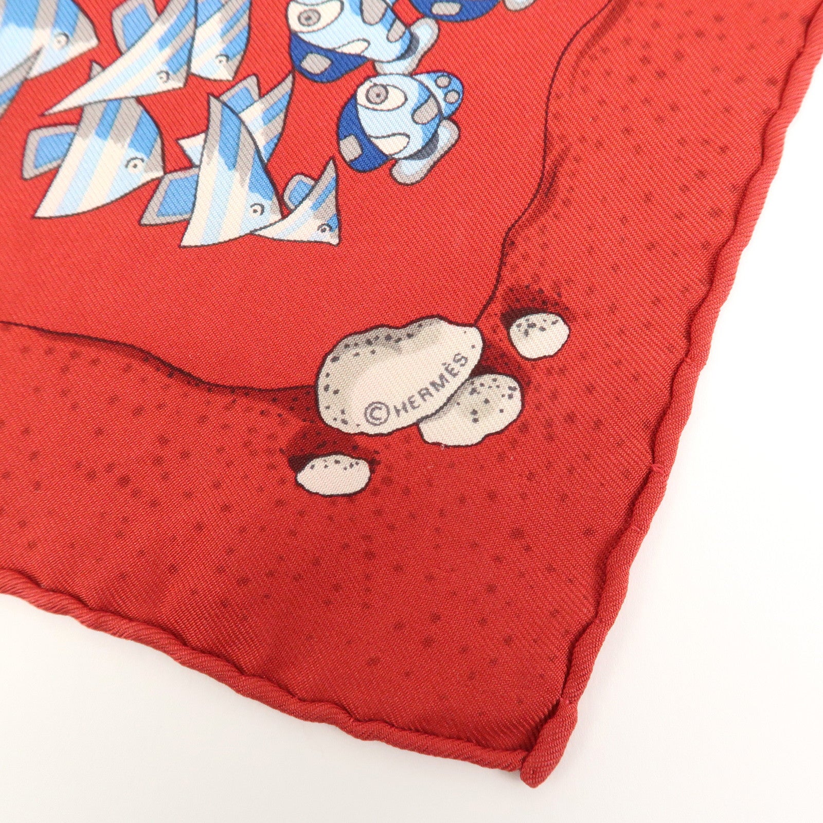 HERMES Carre 40 Silk 100% Mini Scarf Fish Print Red Blue