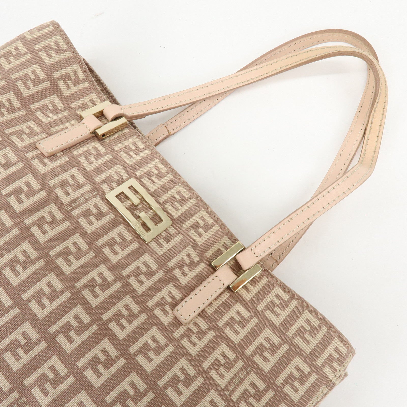 FENDI Zucchino Canvas Leather Hand Bag Tote Bag Pink Beige 8BH132