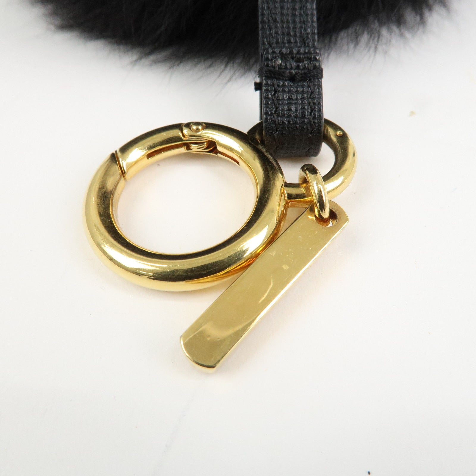 FENDI Fur Leather Pom Pom Bag Charm Key Chain Black