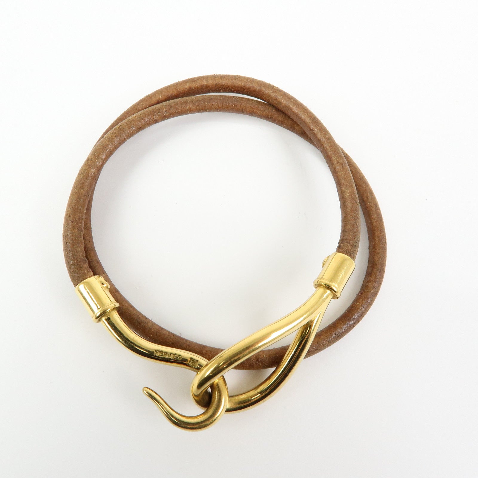 HERMES Jumbo Choker Leather Metal Bracelet Gold Brown