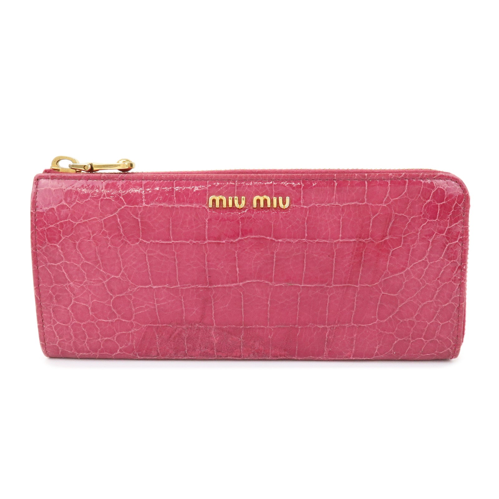 MIU MIU Logo Embossed Leather Zippy Long Wallet Pink Gold