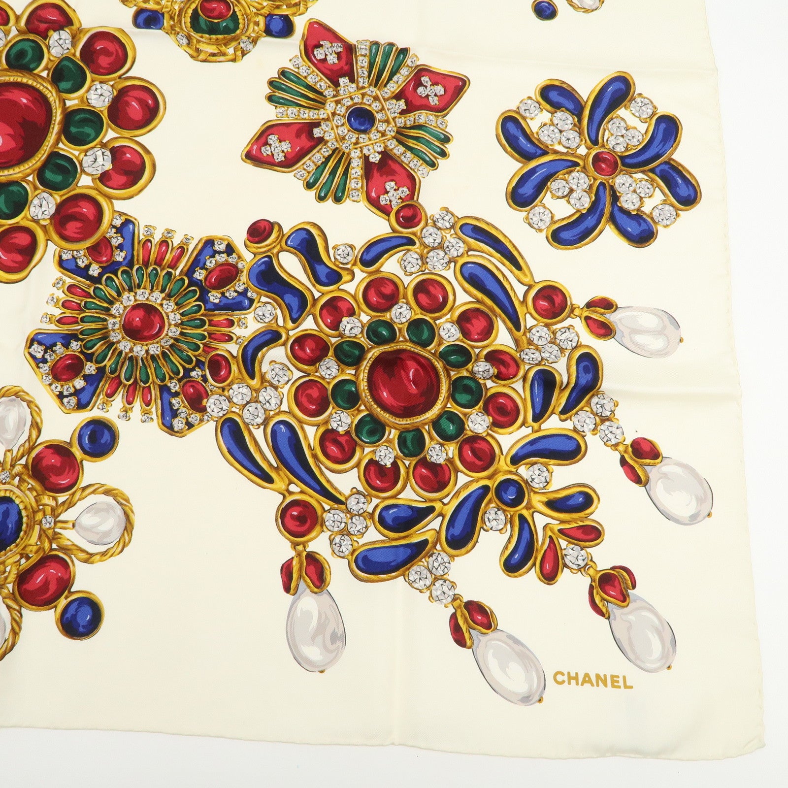 CHANEL Silk 100% Gripoix 86×86 Scarf Ivory Multicolor