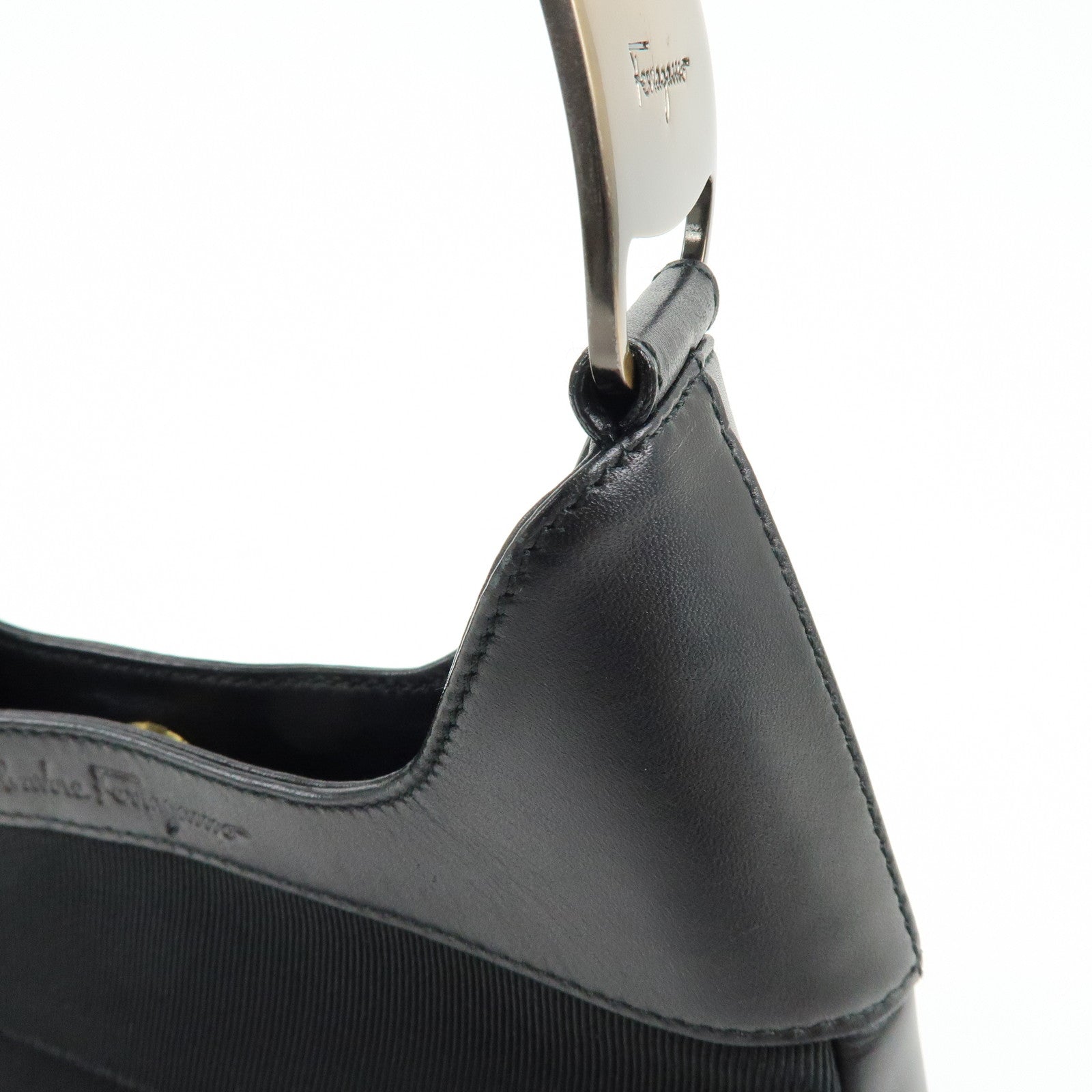 Ferragamo Vara Canvas Leather Shoulder Bag Hand Bag Black