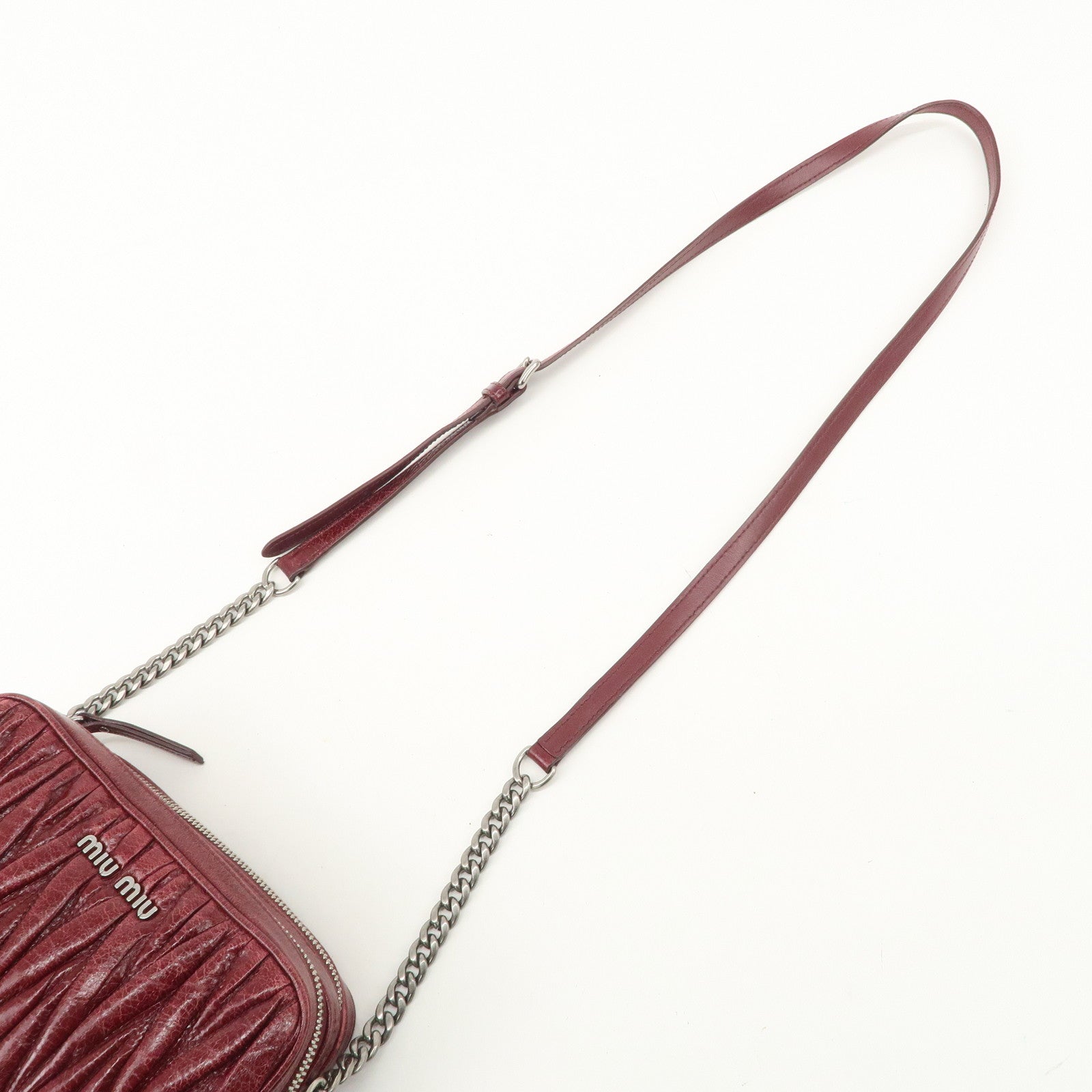 MIUMIU Matelasse Leather Shoulder Bag Burgundy Silver Hardware Used