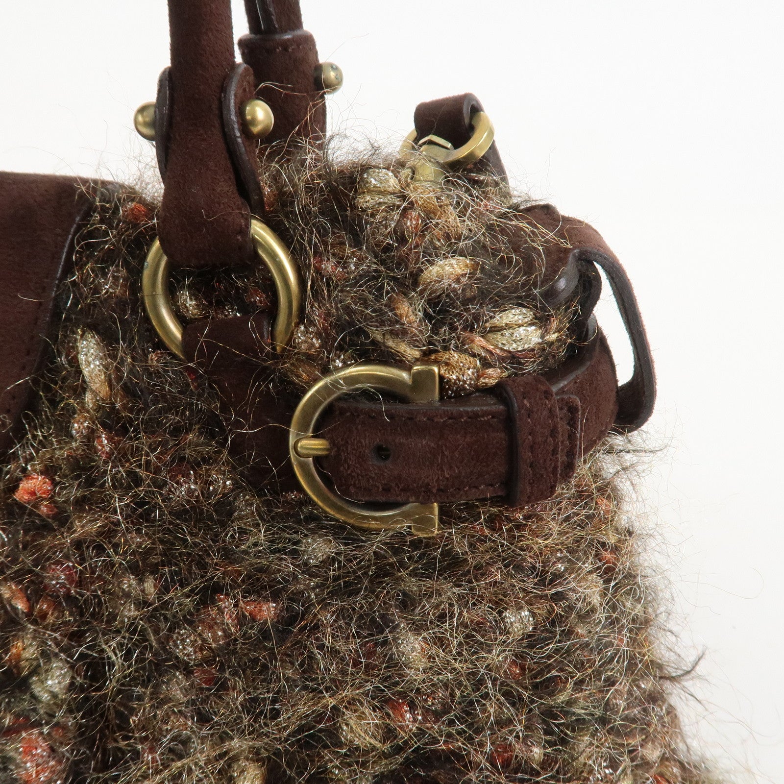 Ferragamo Gancini Wool Suede 2Way Bag Hand Bag Shoulder Bag Brown