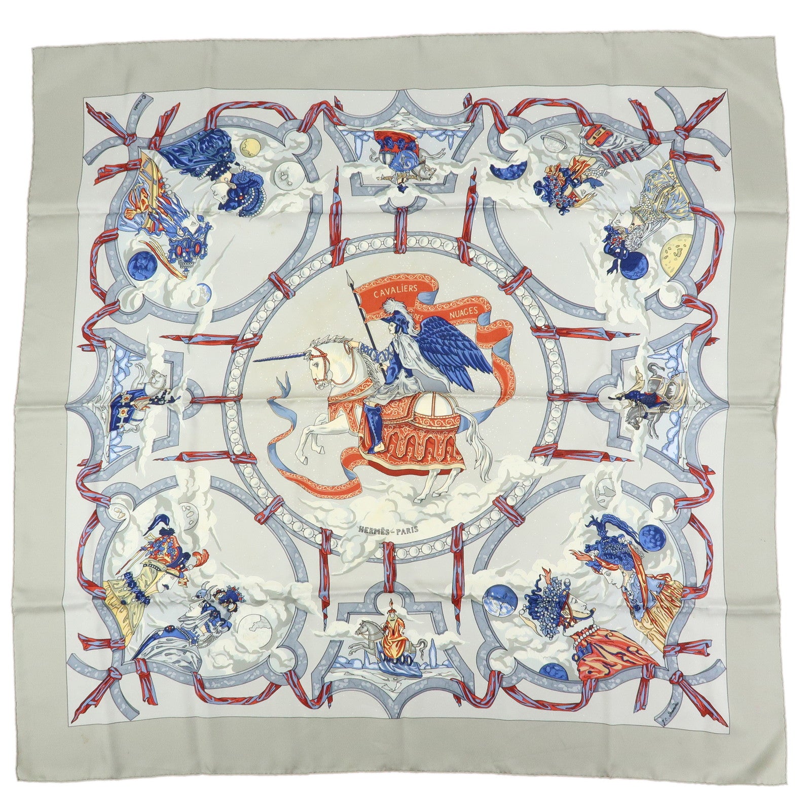 HERMES Carre 90 Silk 100% Scarf CAVALIERS DES NUAGES Gray Blue
