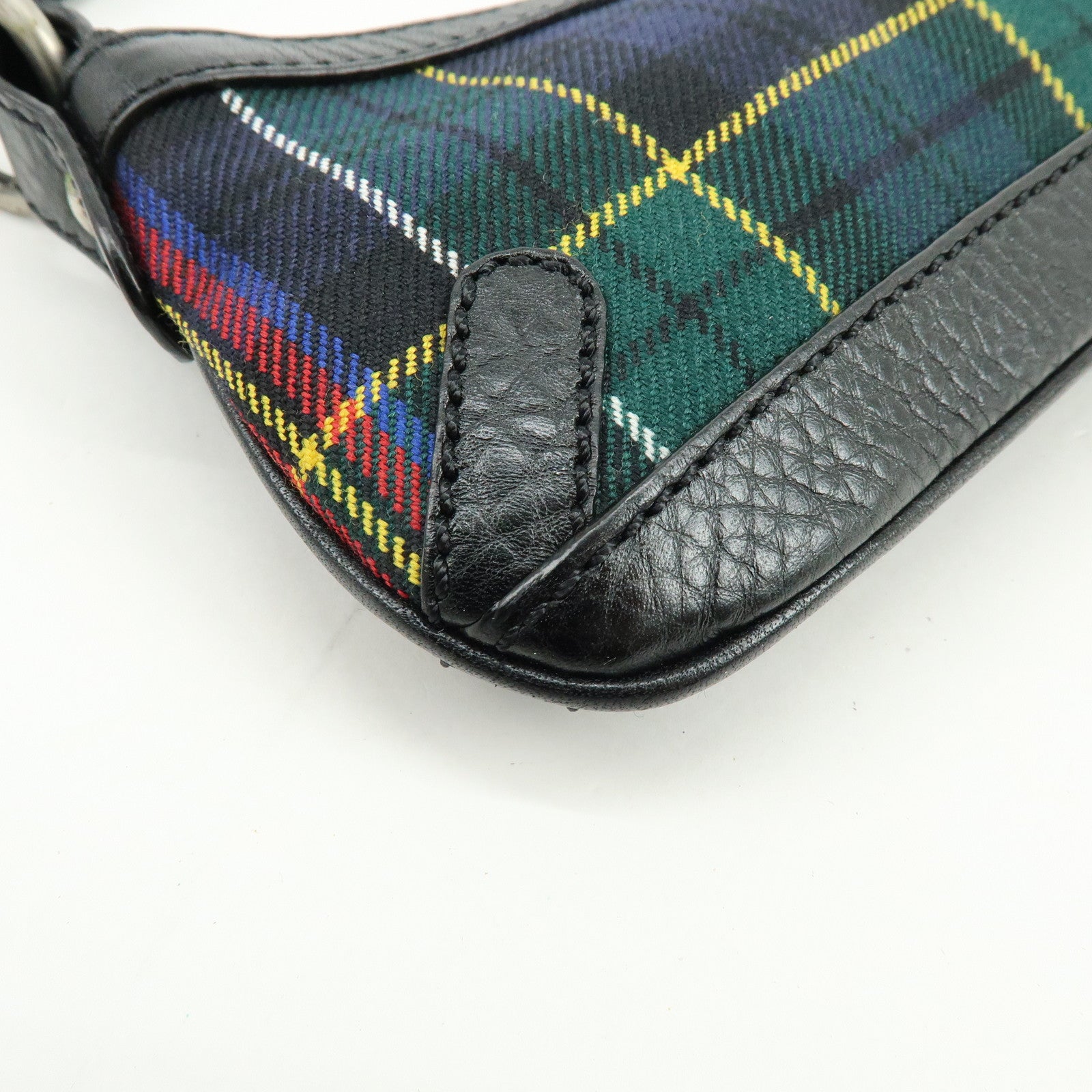 BURBERRY Canvas Leather Plaid Shoulder Bag Black Green