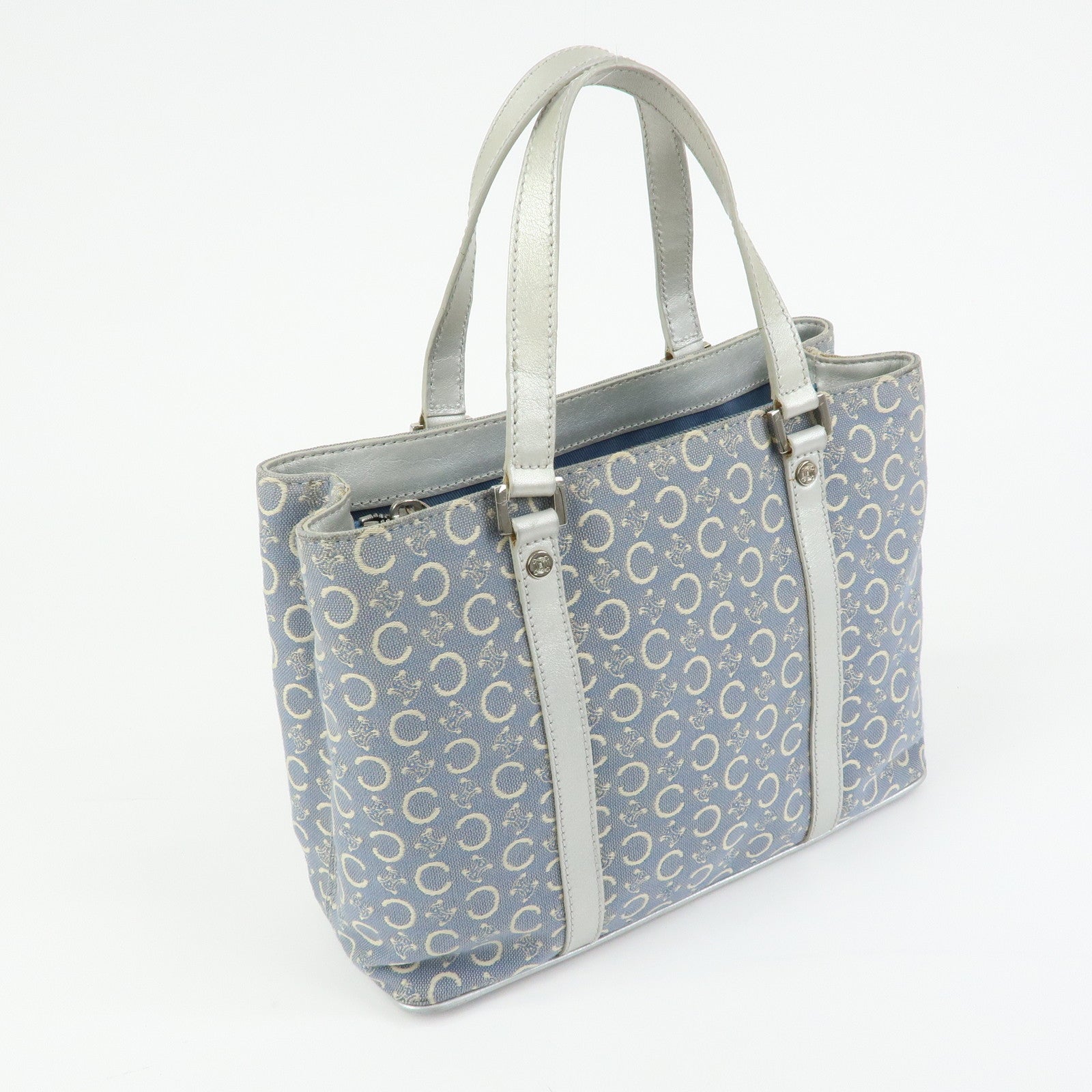 CELINE C Macadam Canvas Leather Tote Bag Hand Bag Light Blue Silver