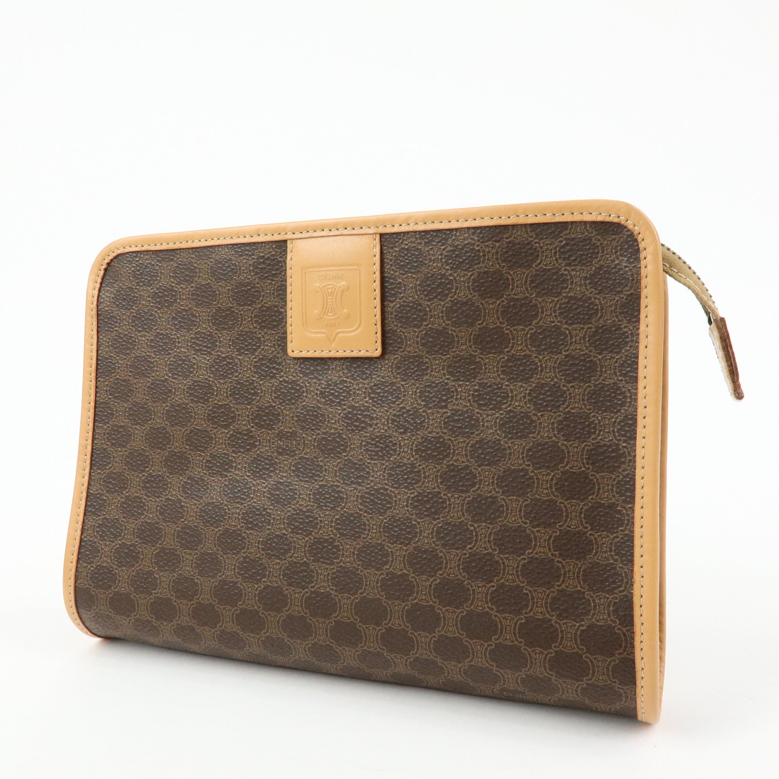 CELINE Macadam PVC Leather Clutch Bag Cosmetic Pouch Brown
