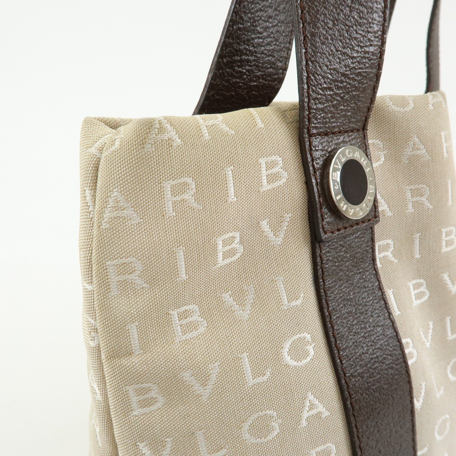 BVLGARI Logo Mania Canvas Leather Tote Bag Hand Bag Beige Brown