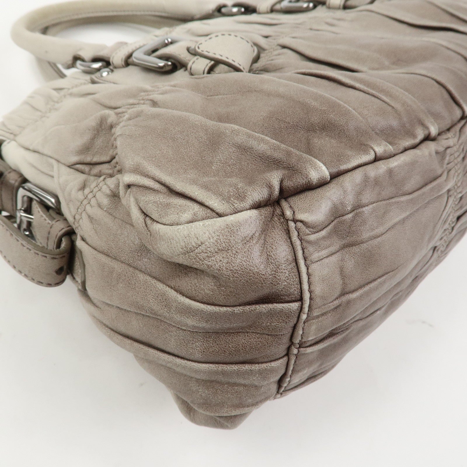 PRADA Leather Gathered 2Way Bag Hand Bag Shoulder Bag Gray BN1407