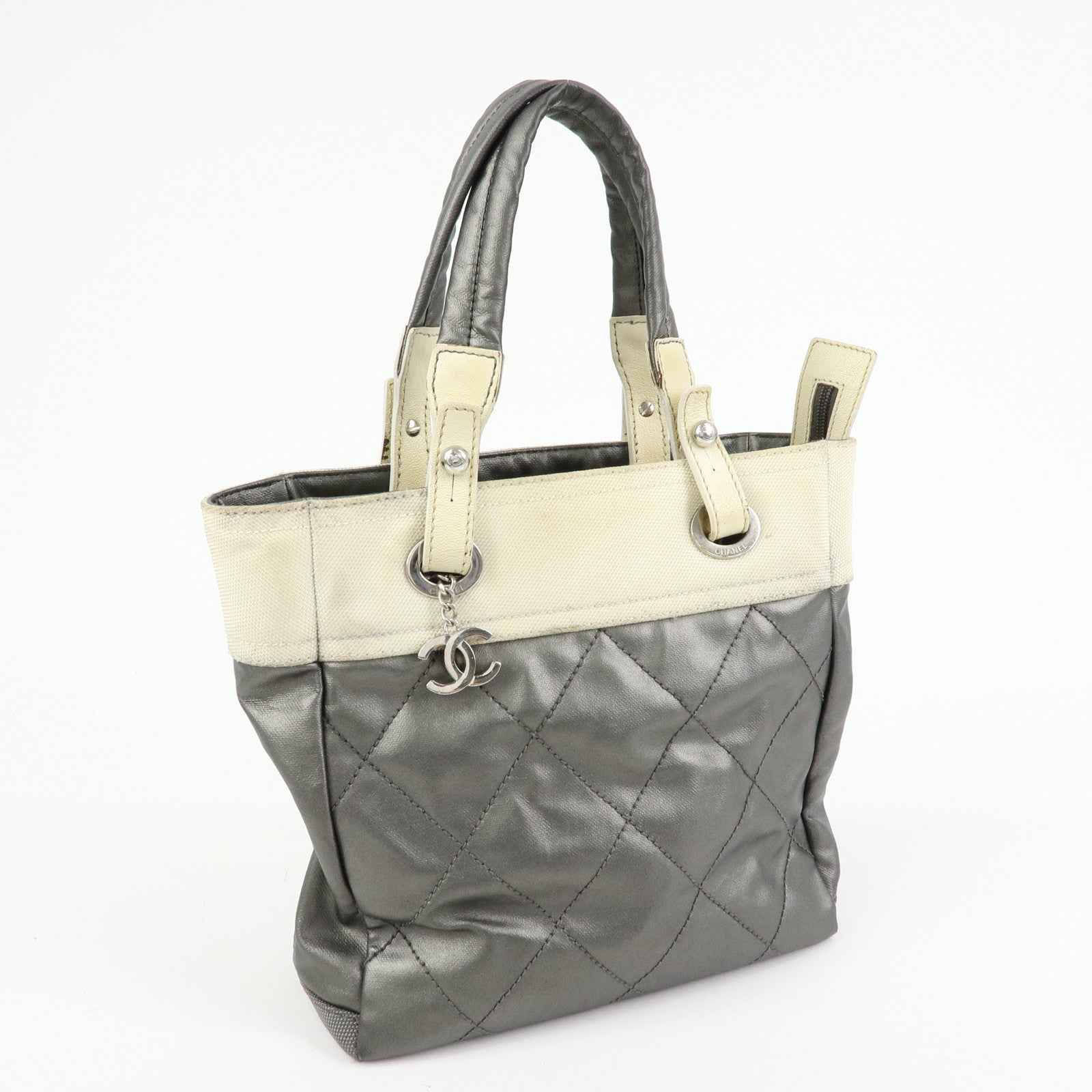 CHANEL Paris Biarritz PM Coated Canvas Leather Tote Bag Gray A34208