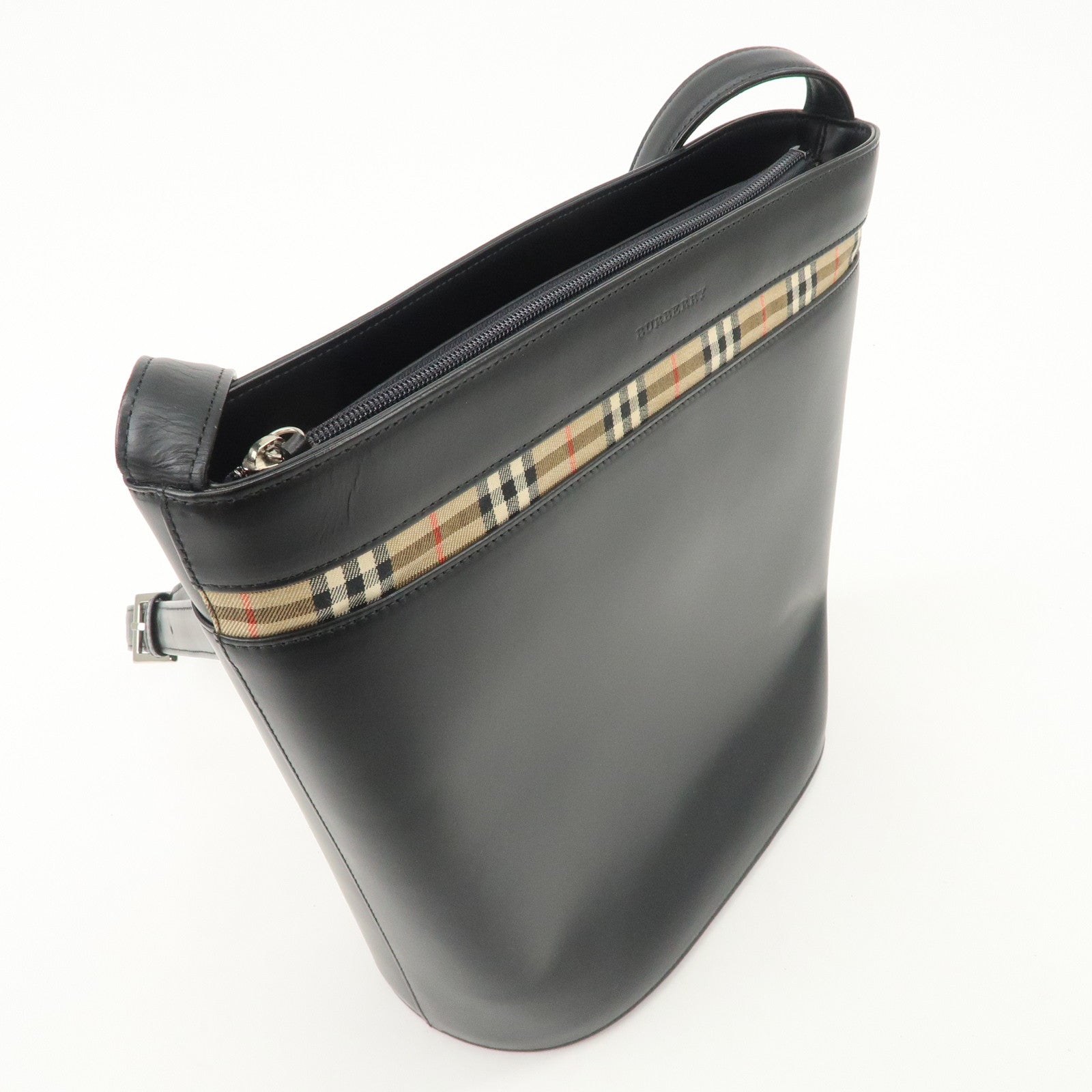 BURBERRY Burberrys Leather Shoulder Bag Black Silver Hardware Used