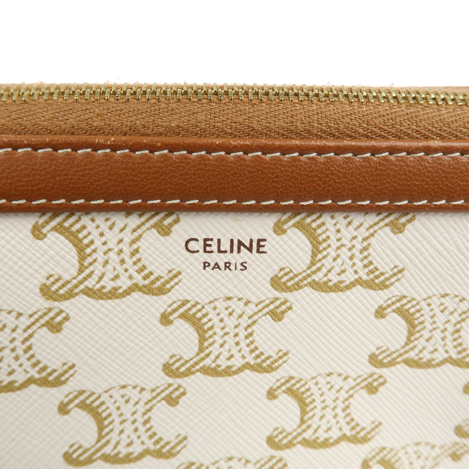 CELINE Triomphe Canvas Lamb Skin Chain Shoulder Bag Ivory Brown