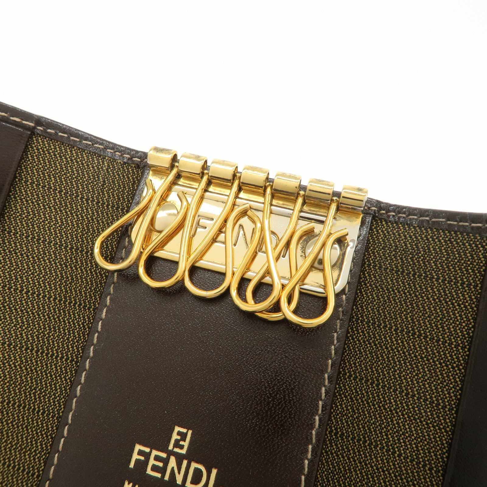 FENDI Zucca Canvas Leather 6 Ring Key Case Brown Black 10163