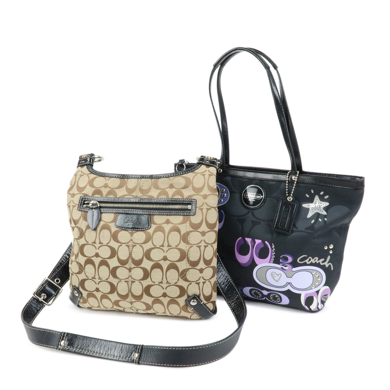 COACH Signature Set of 2 Canvas Leather Shoulder Bag Beige Black