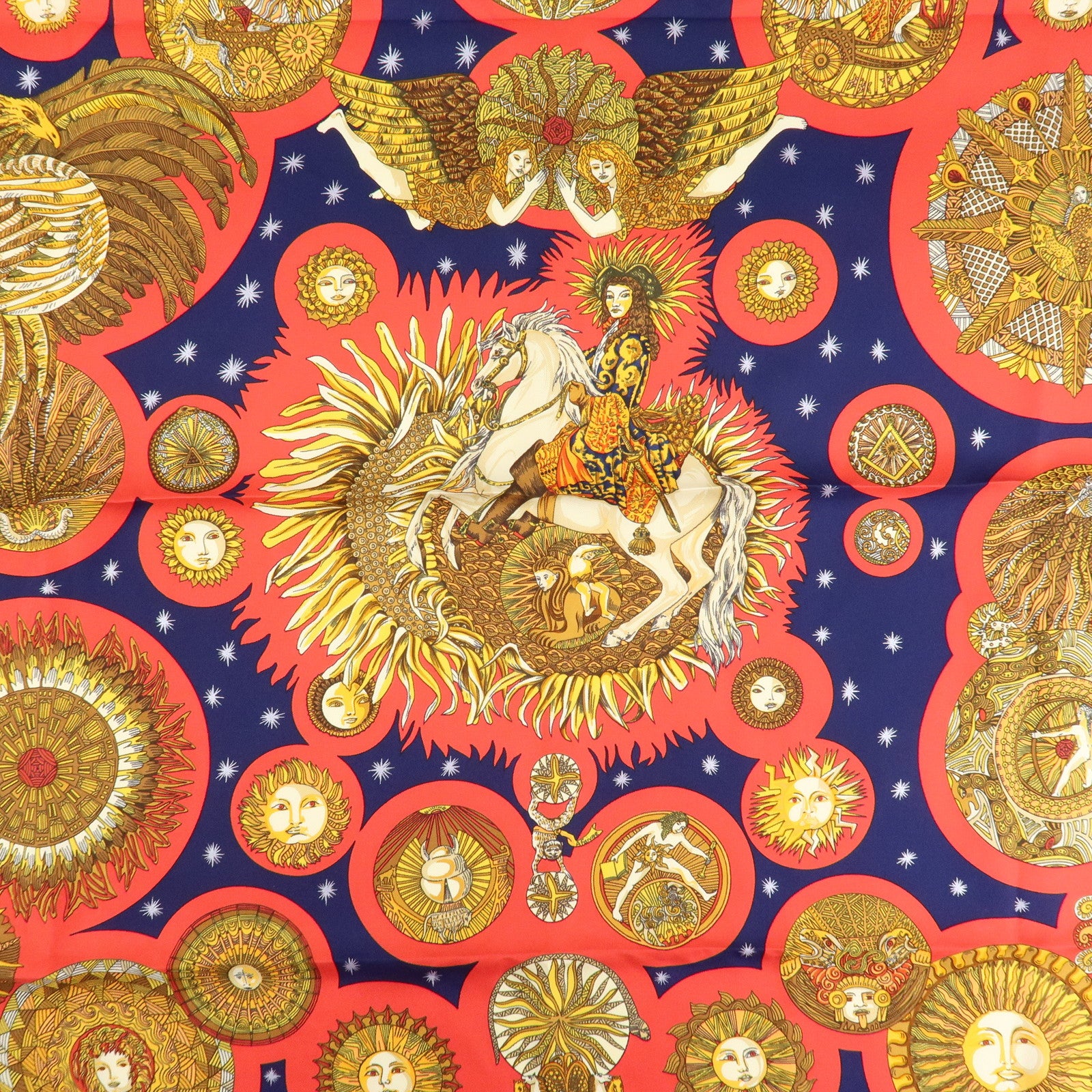 HERMES Pleats Carre Silk 100% Scarf Le Roy Soleil Navy Red Used