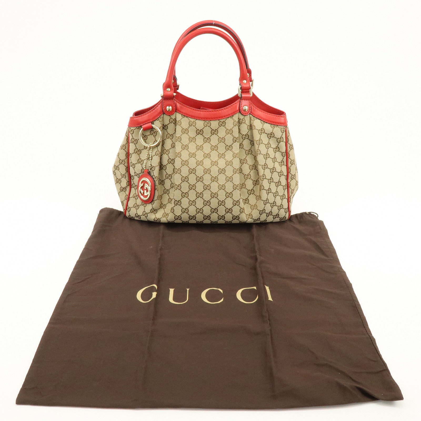 GUCCI Sukey Interlocking G GG Canvas Leather Tote Bag Beige Red