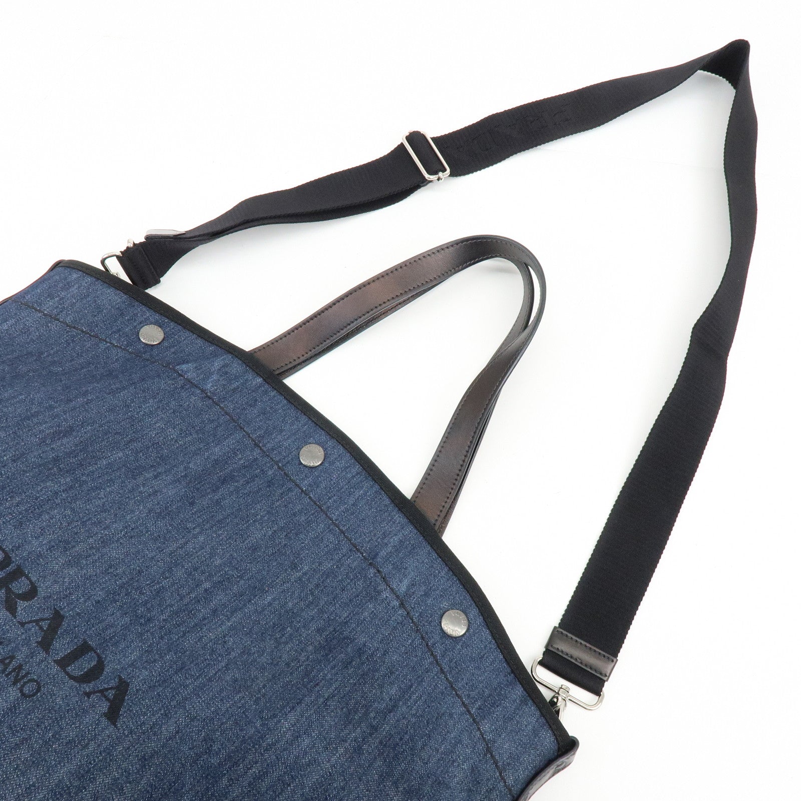 PRADA Logo Denim 2Way Bag Hand Bag Shoulder Bag Navy 1BG244