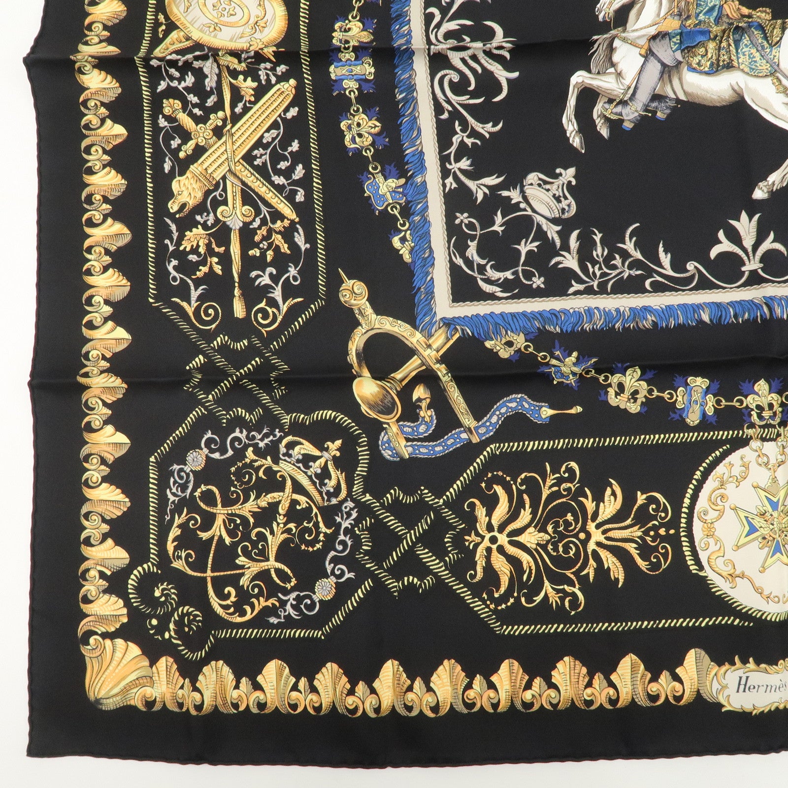 HERMES Carre 90 Silk 100% Scarf LVDOVICVS MAGNVS Black Yellow
