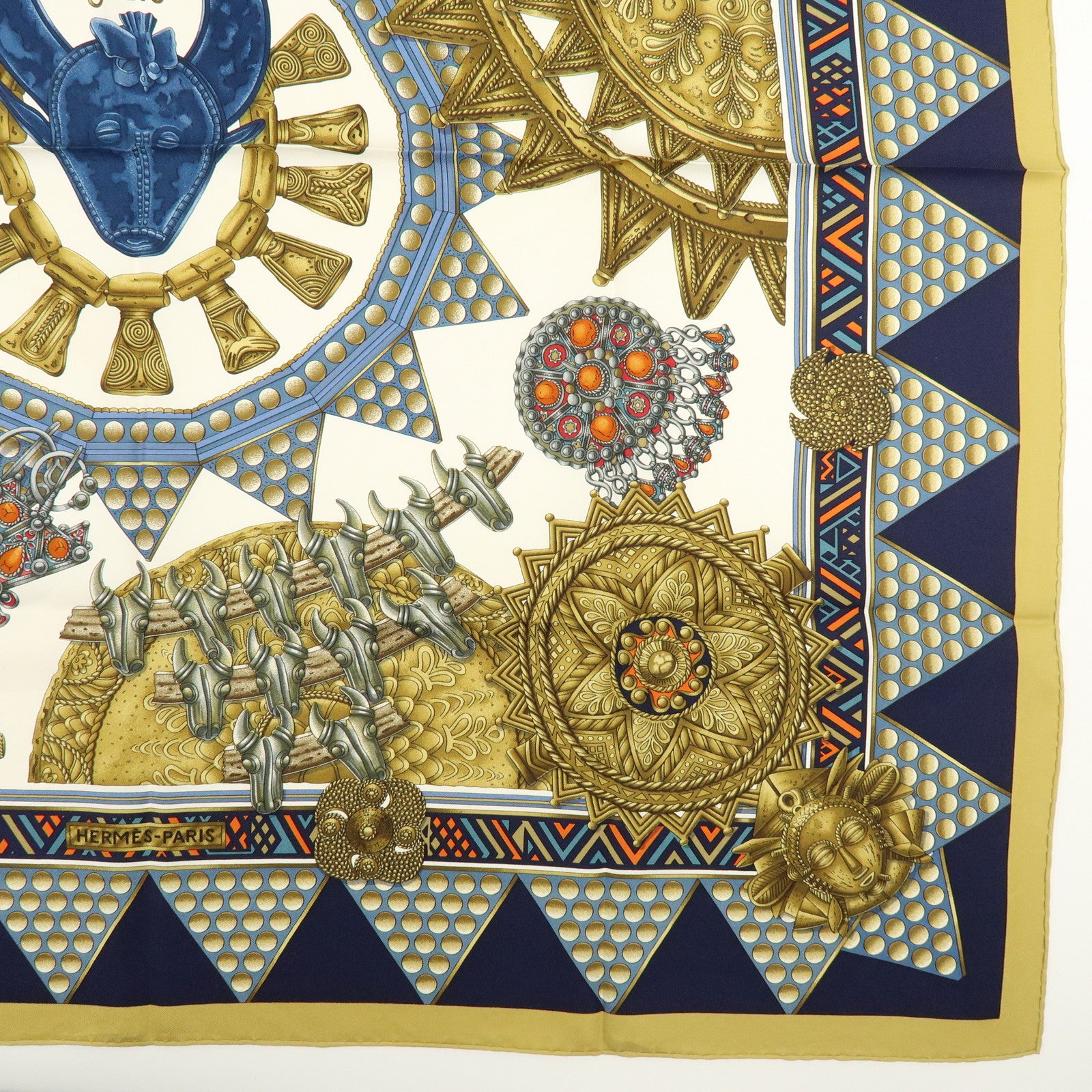 HERMES Carre 90 Silk 100% Scarf L'OR DES CHEFS Gold Navy