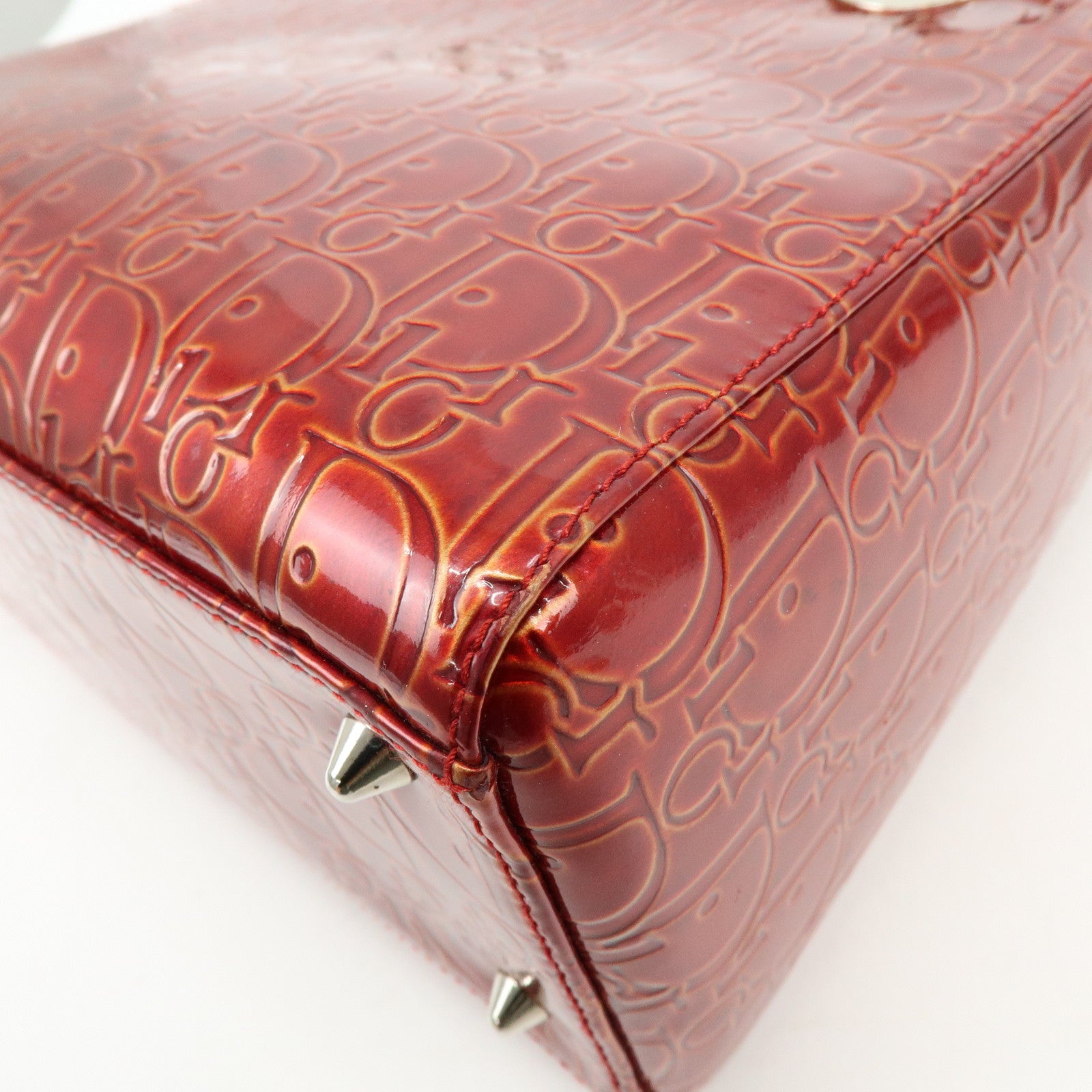 Christian Dior Lady Dior Patent Leather Hand Bag Dior Logo Red