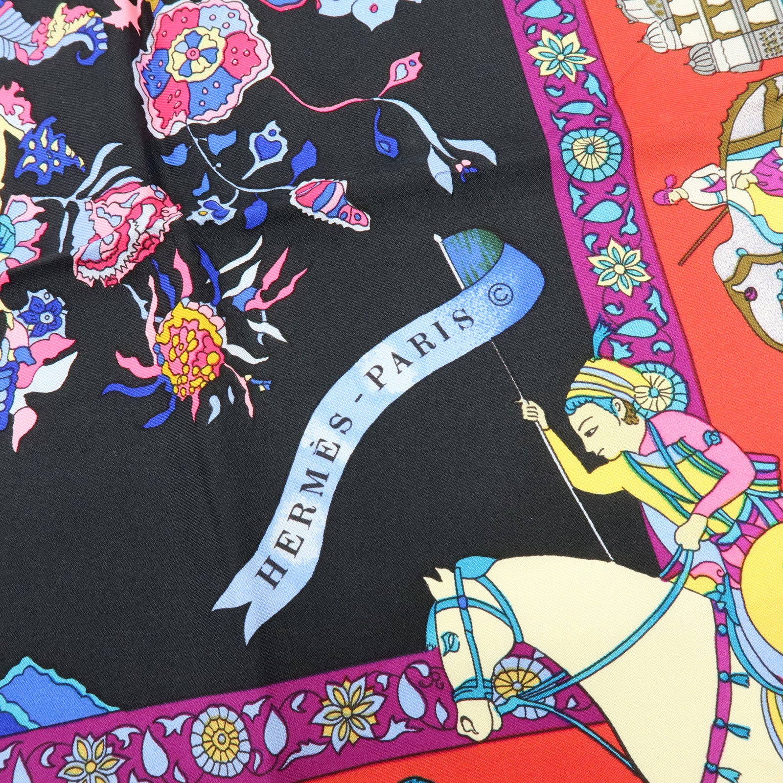 HERMES Carre 90 Silk 100% Scarf Fantaisies indiennes Black Red Blue