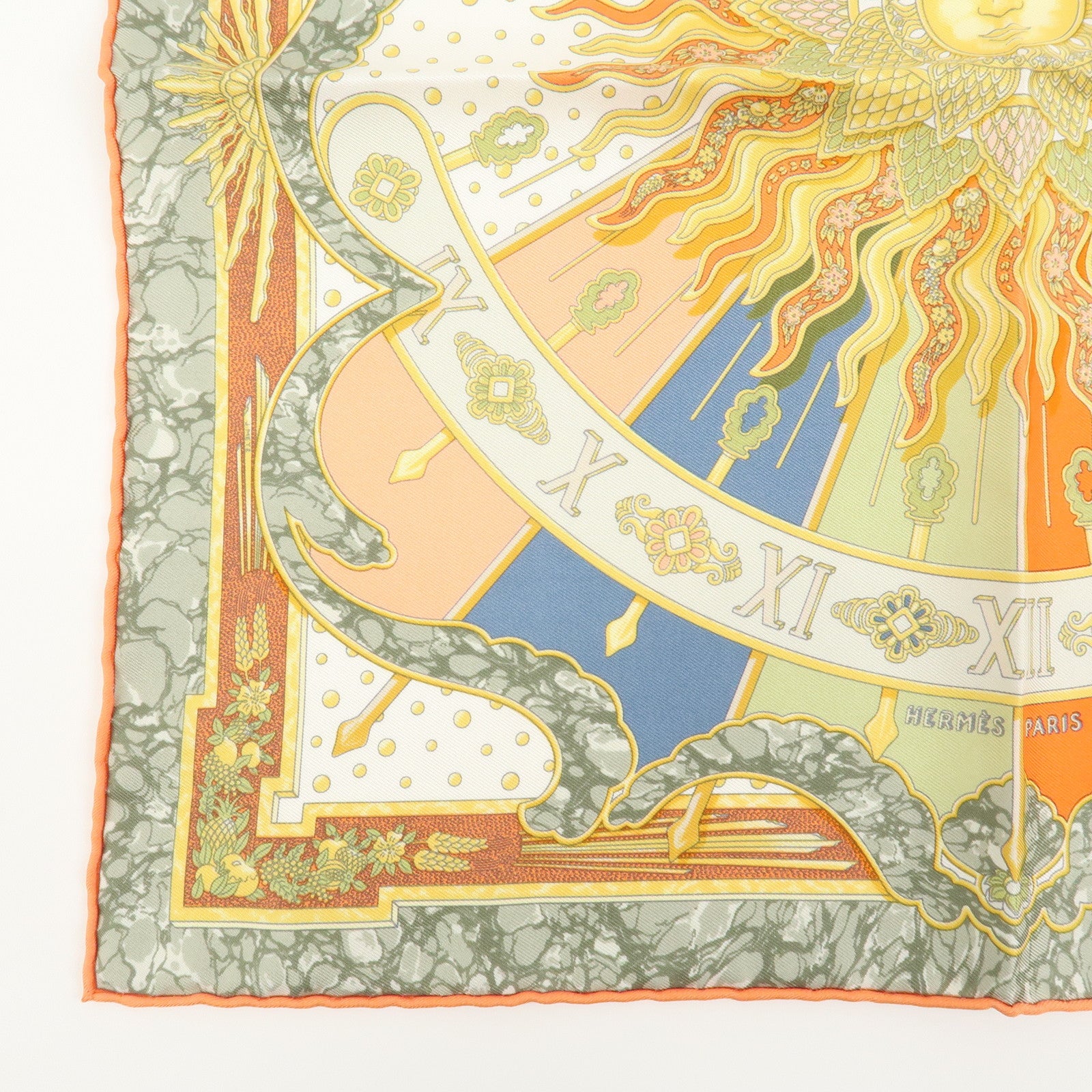 HERMES Carre 40 Silk 100% Scarf CARPE DIEM Clock Print