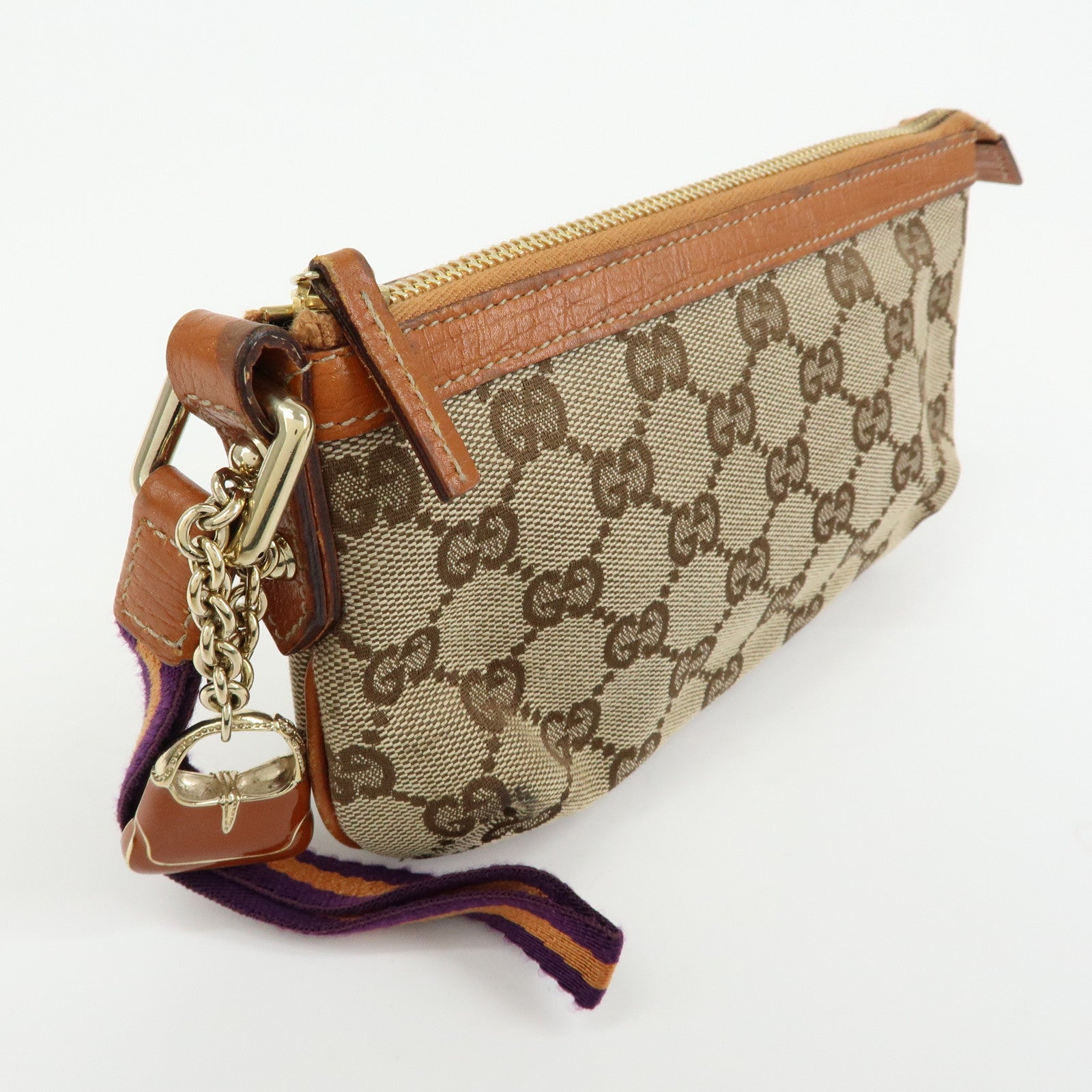 GUCCI Sherry GG Canvas Leather Pouch Hand Bag Beige Camel 152507