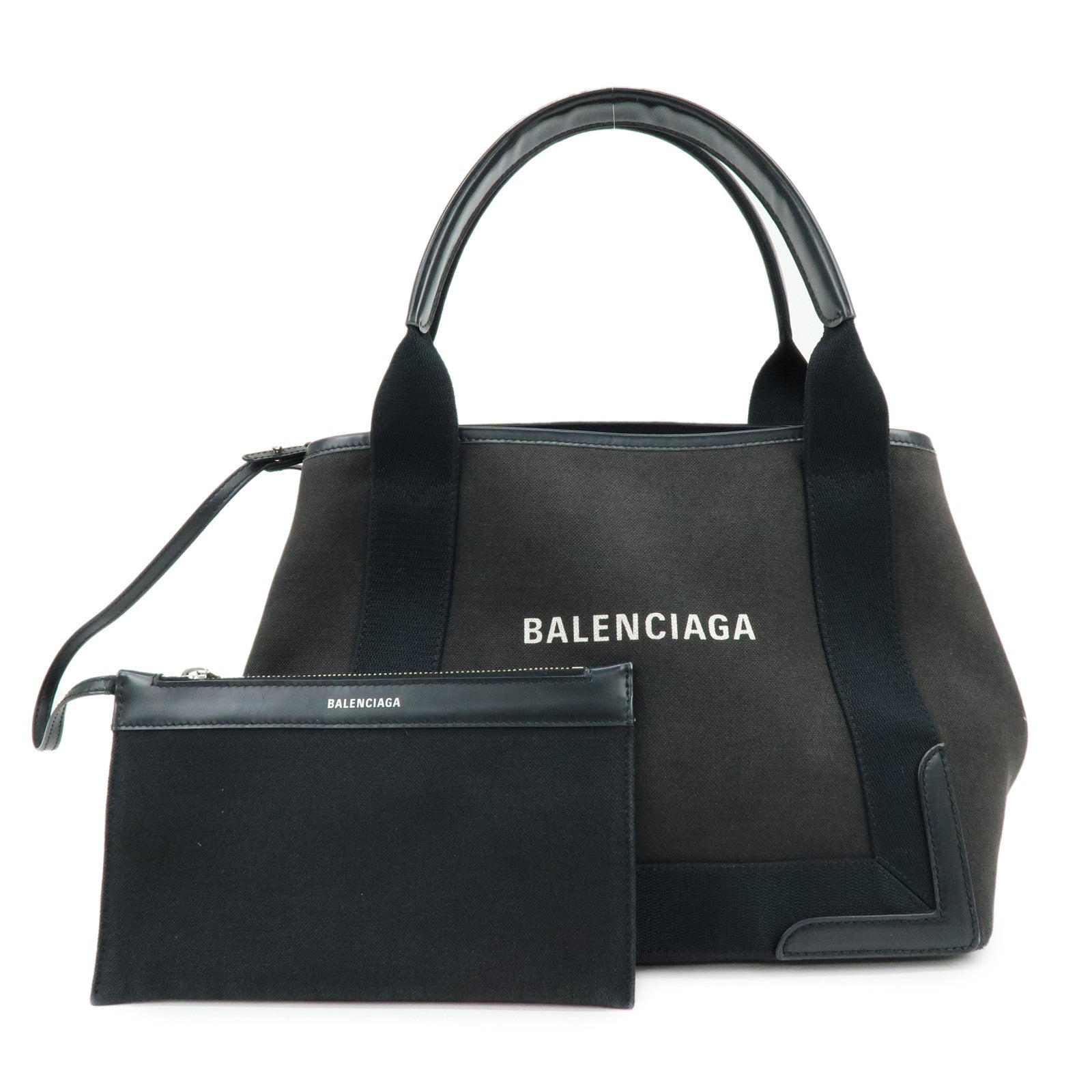 BALENCIAGA Navy Cabas Small Canvas Leather Tote Bag Black 339933