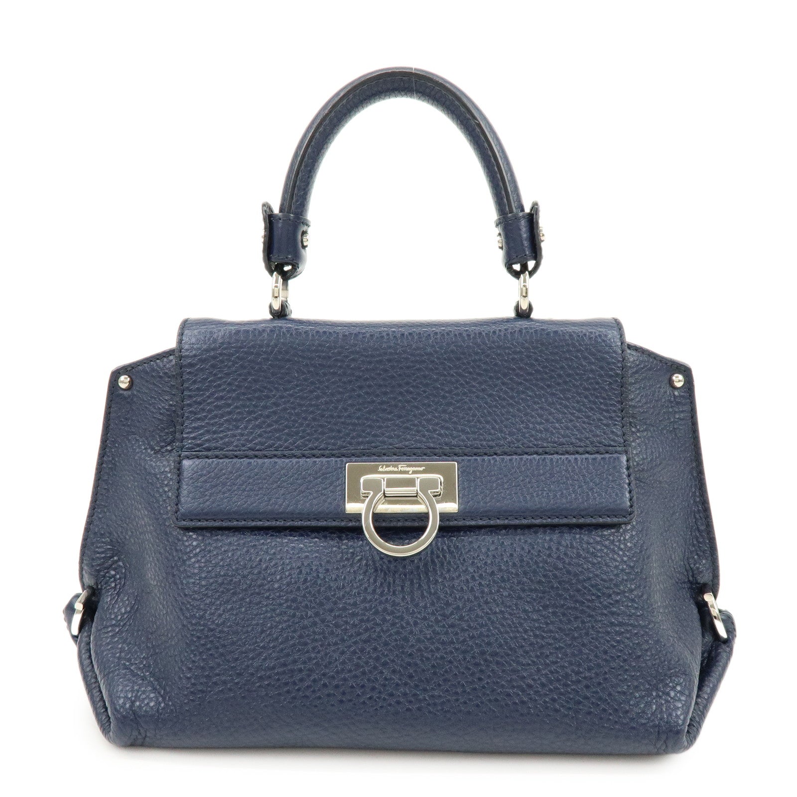Ferragamo Gancini Leather Hand Bag Navy