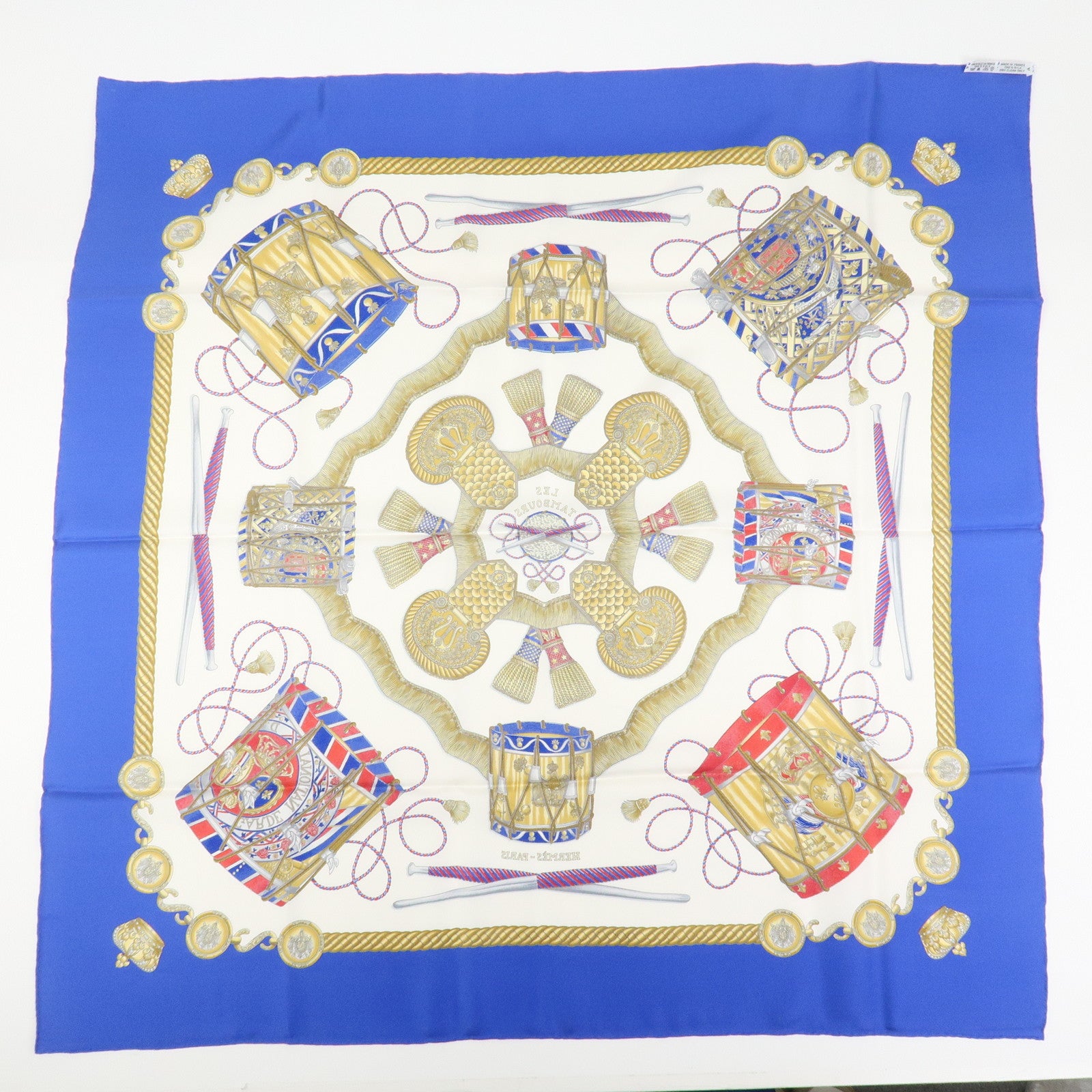 HERMES Carre 90 Silk 100% Scarf LES TAMBOURS Blue White