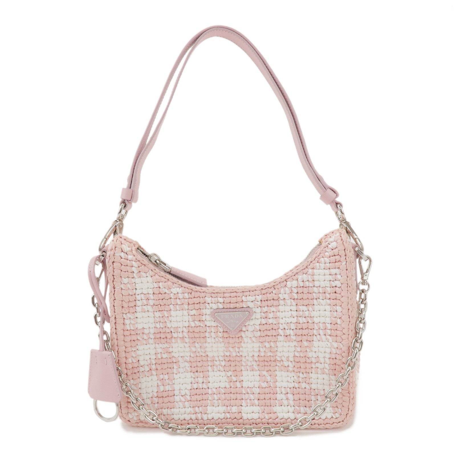 PRADA Triangle Logo Raffia Leather 2Way Shoulder Bag Pink 1BC204