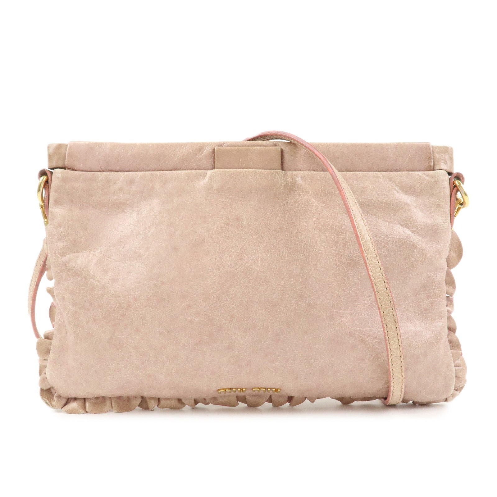 MIU MIU Logo Frilled Leather Shoulder Bag Crossbody Bag Pink Beige