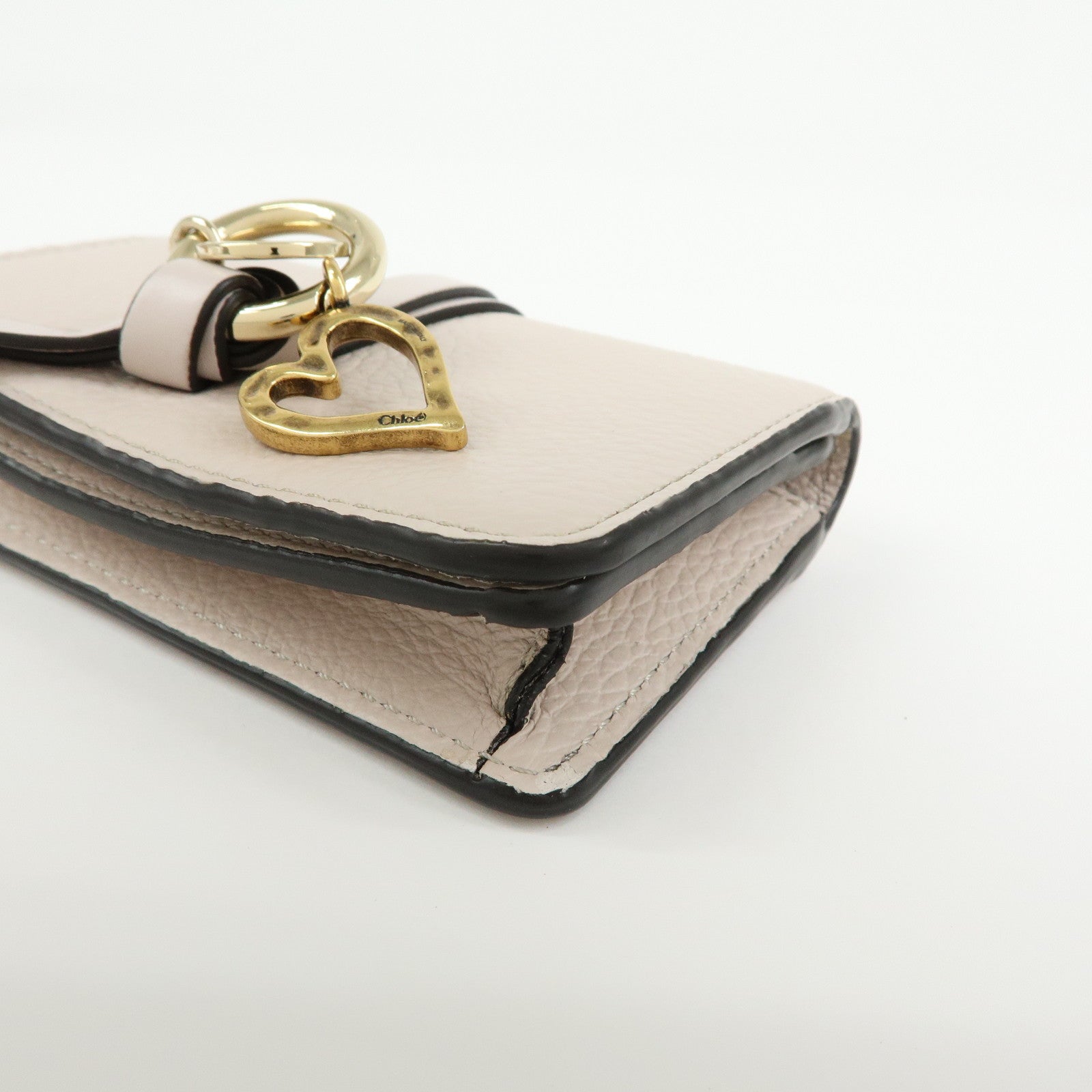 Chloe Alphabet Leather Card Case Mini Trifold Wallet Heart Ivory