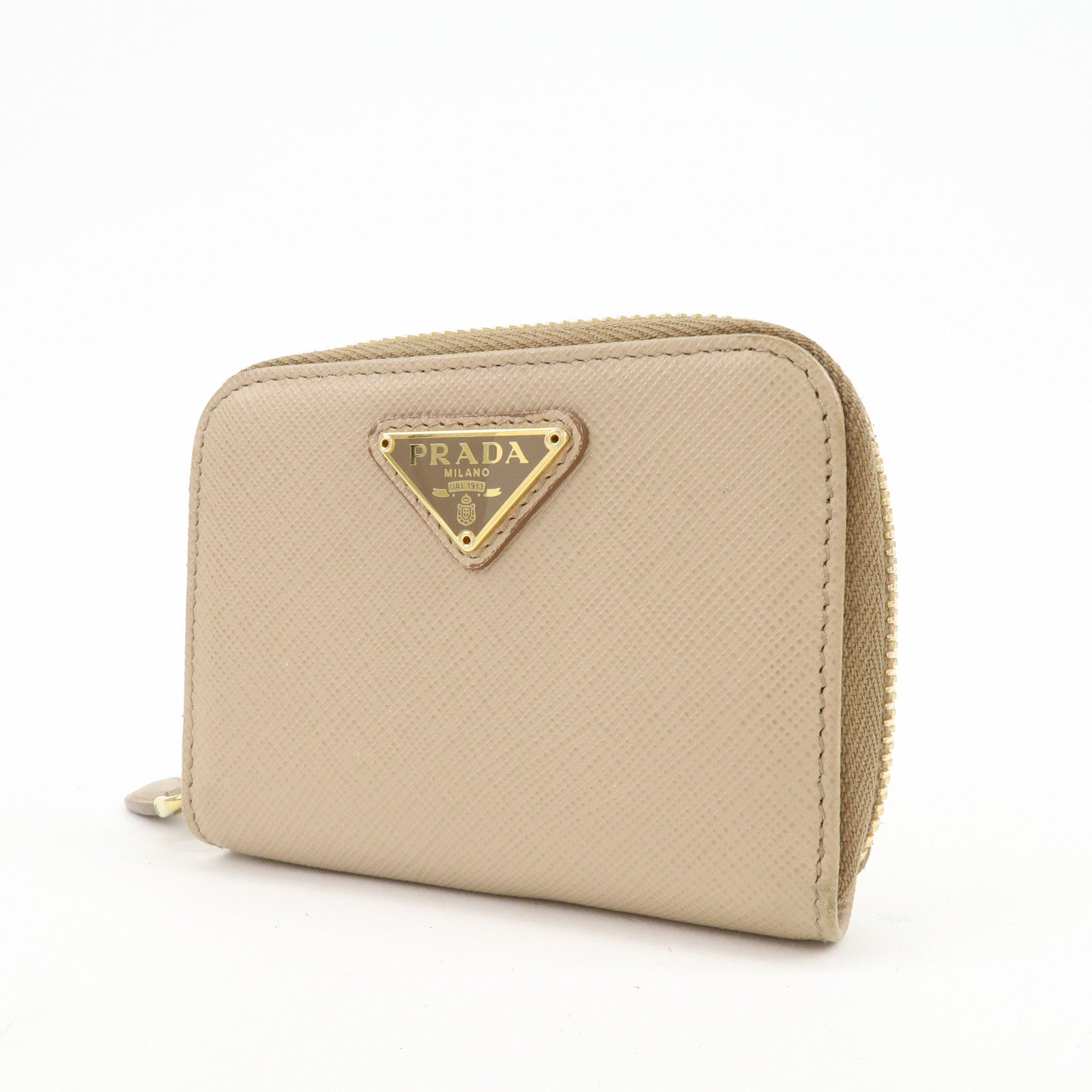 PRADA Triangle Logo Saffiano Leather Round Zippy Compact Wallet