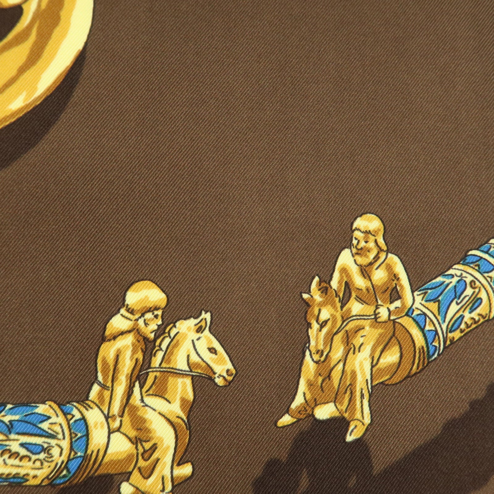 HERMES Carre 90 Silk 100% Scarf LES CAVALIERS D'OR Brown Gold