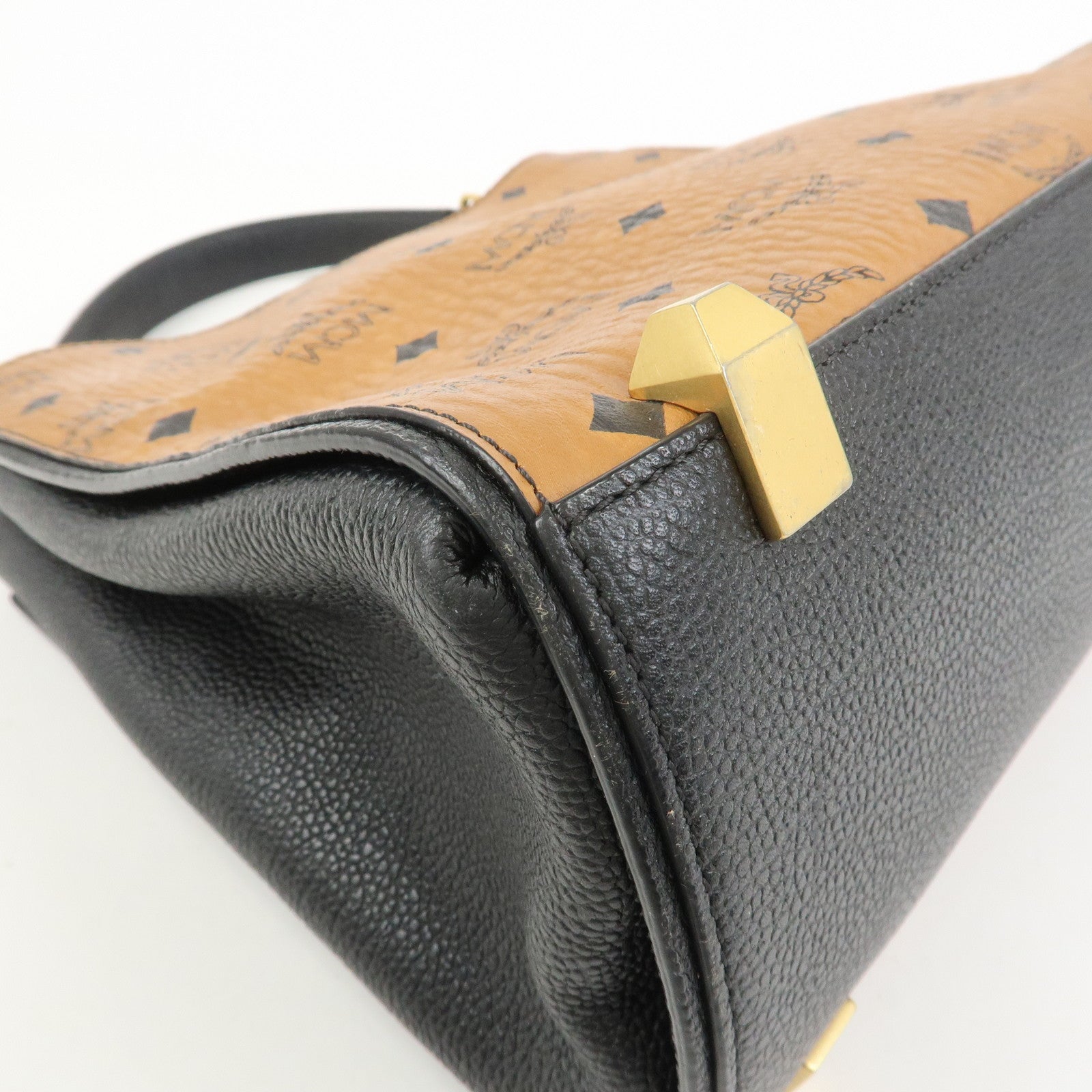 MCM Leather 2Way Bag Hand Bag Shoulder Bag Camel Black