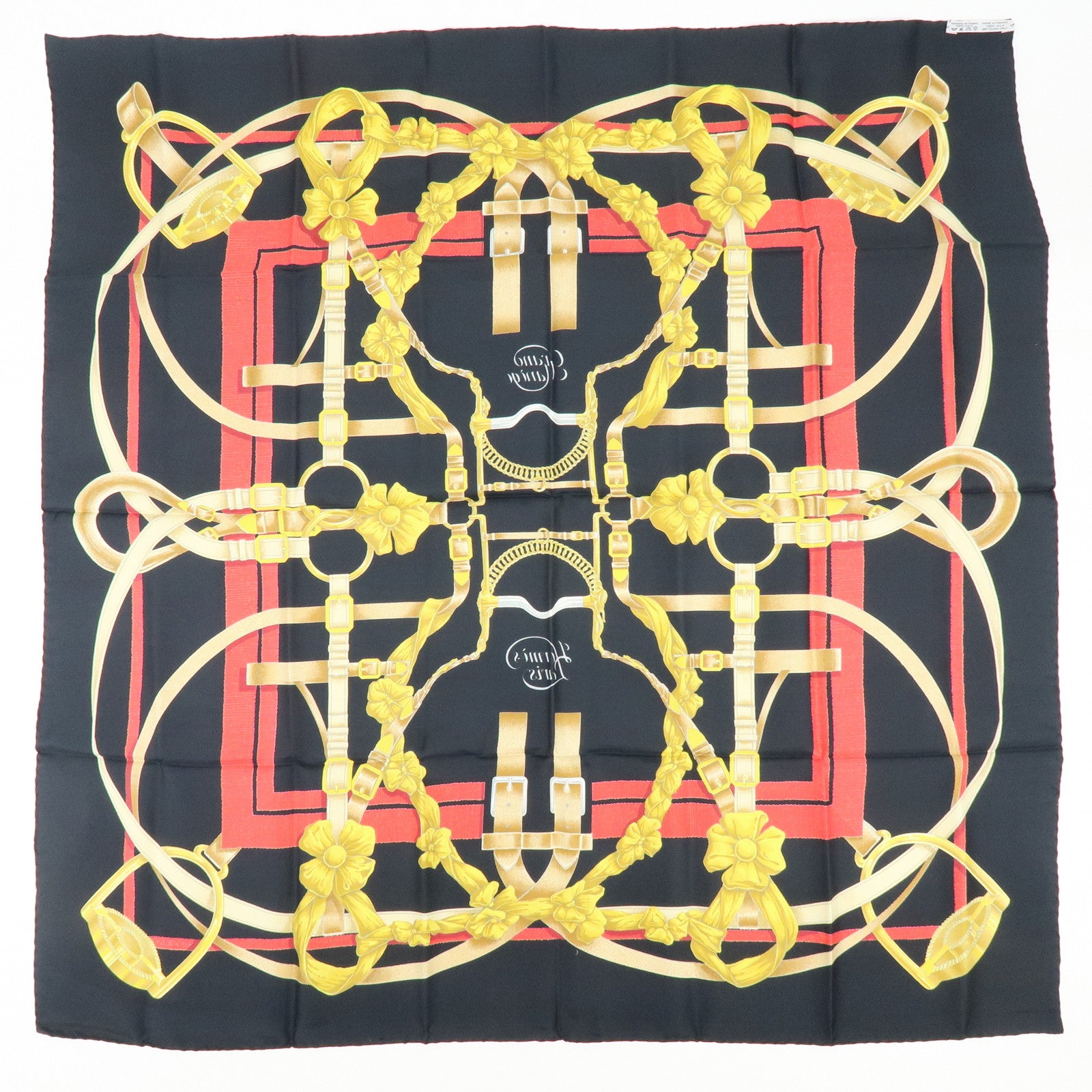 HERMES Carre 90 Silk 100% Scarf Grand Manege Black Gold Red