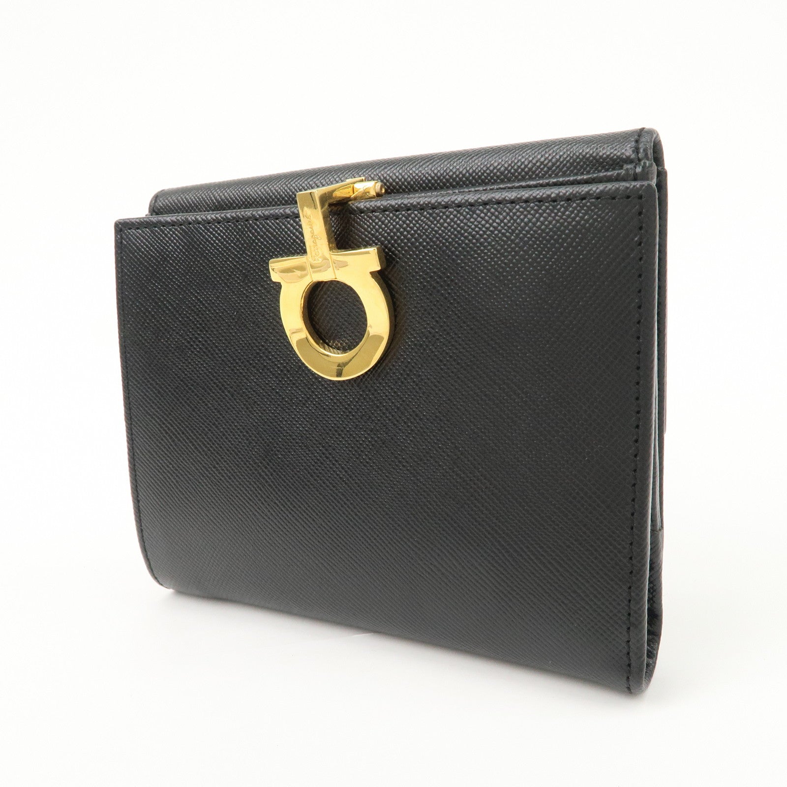 Ferragamo Gancini Leather Bi-fold Compact Wallet Black 22 0778