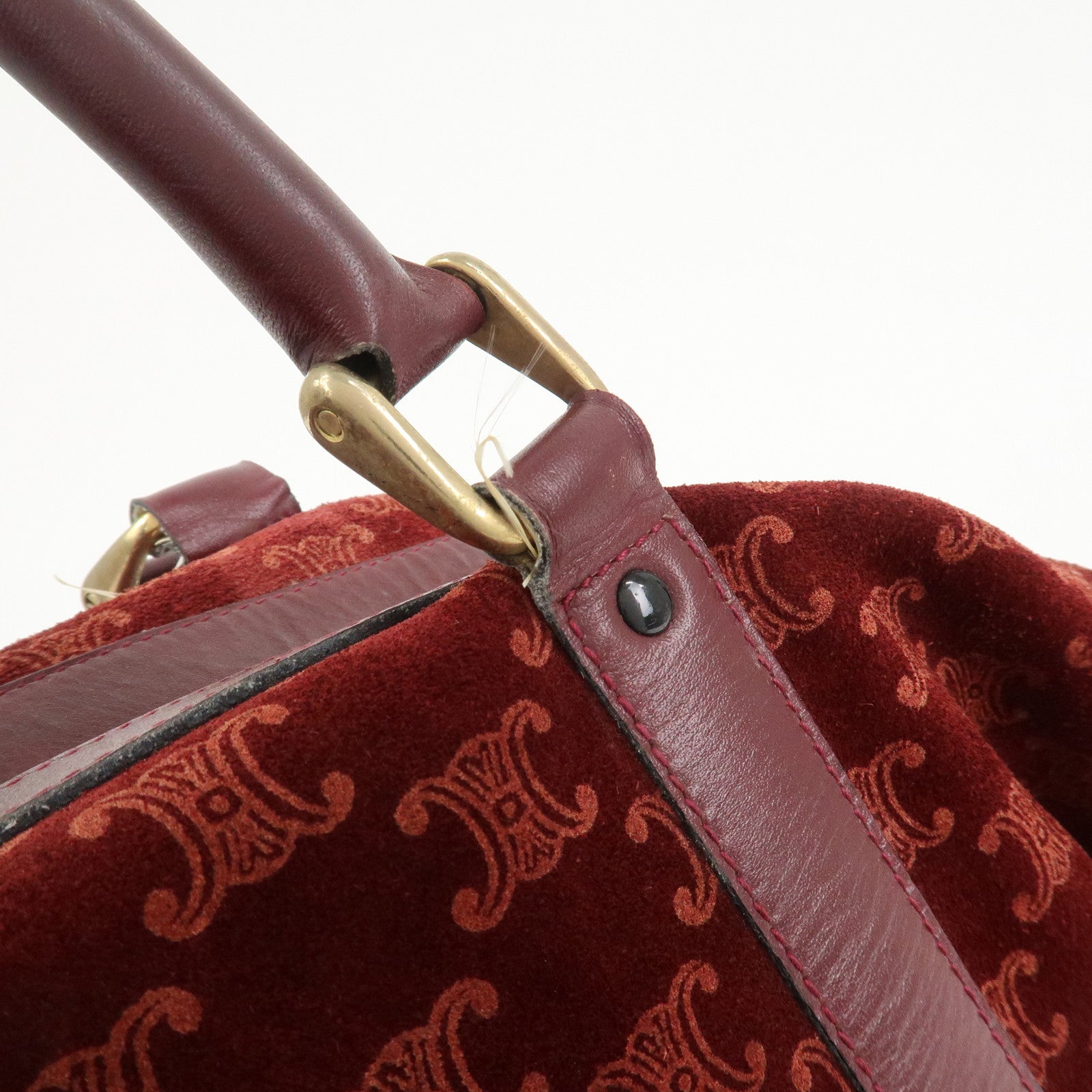 CELINE Macadam Logo Suede Leather Boston Bag Hand Bag Red Brown