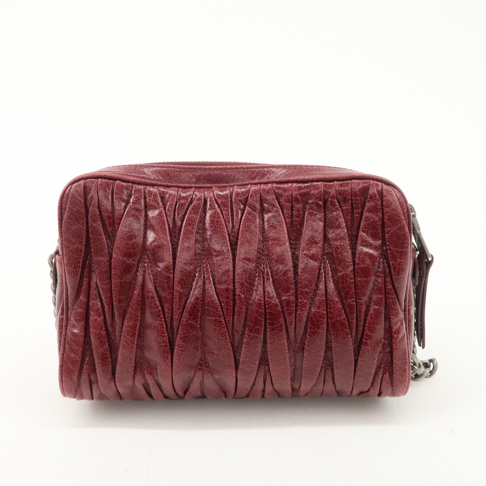 MIUMIU Matelasse Leather Shoulder Bag Burgundy Silver Hardware Used