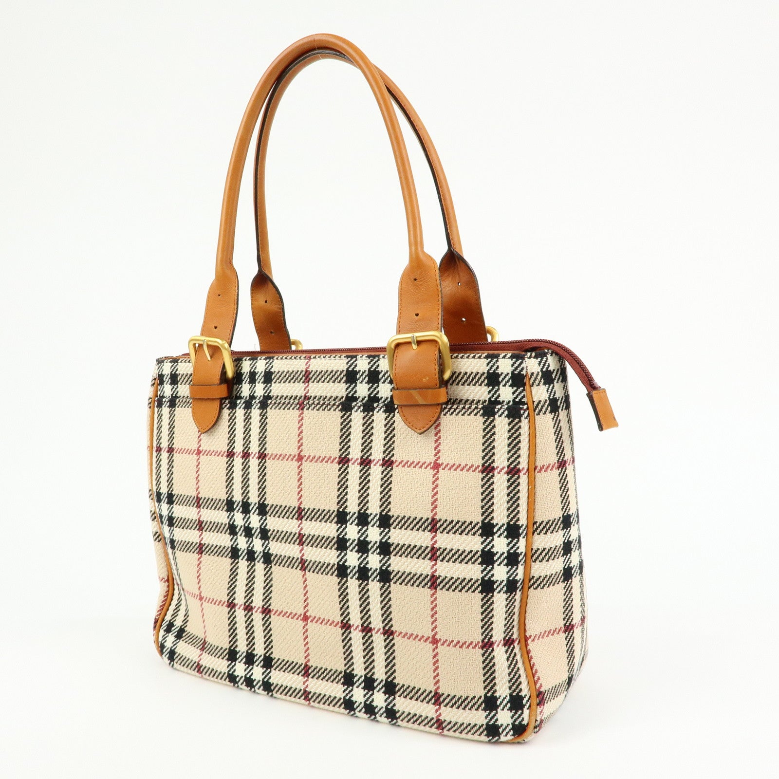 BURBERRY Nova Plaid Canvas Leather Tote Bag Hand Bag Beige Camel