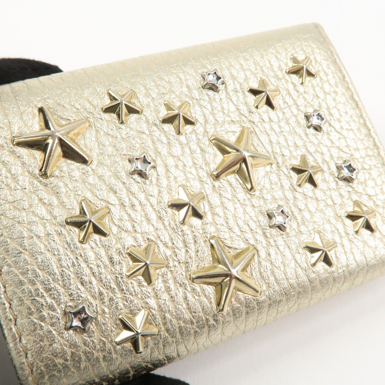JIMMY CHOO Leather Star Studs Trifold Compact Wallet Gold Used