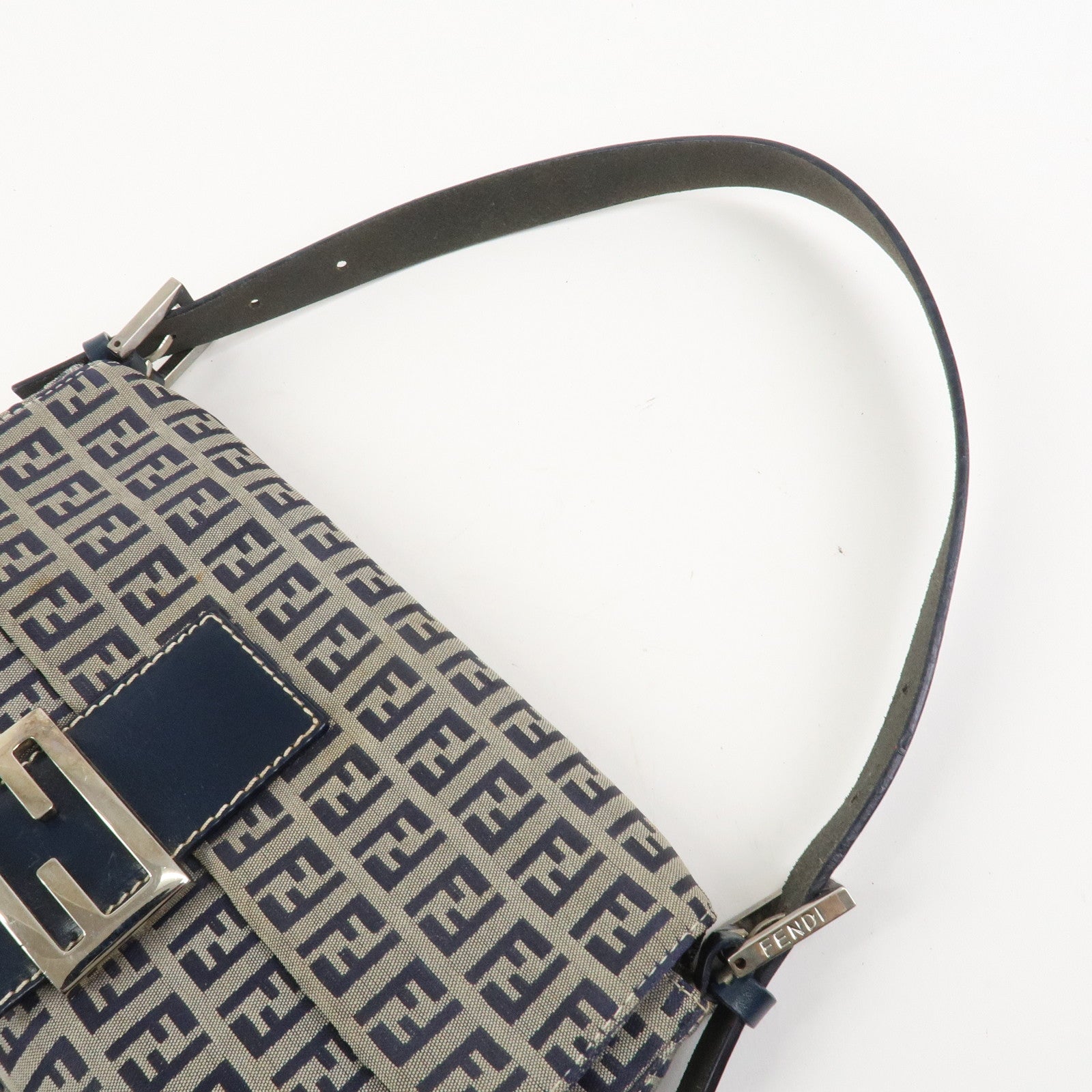 FENDI Mamma Baguette Zucchino Canvas Shoulder Bag Navy 26424
