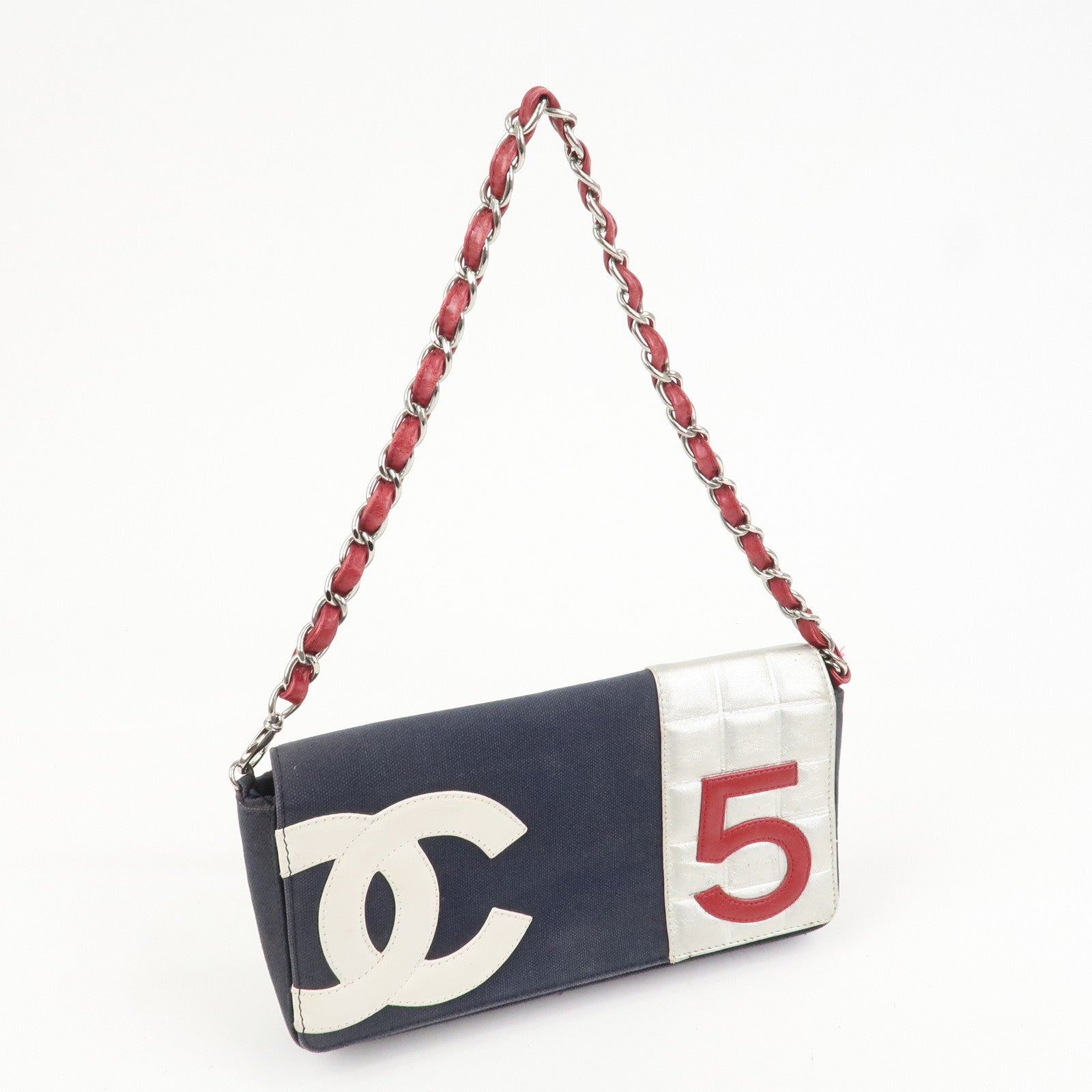 CHANEL No.5 Canvas Leather Chain Shoulder Bag Hand Bag Navy Silver