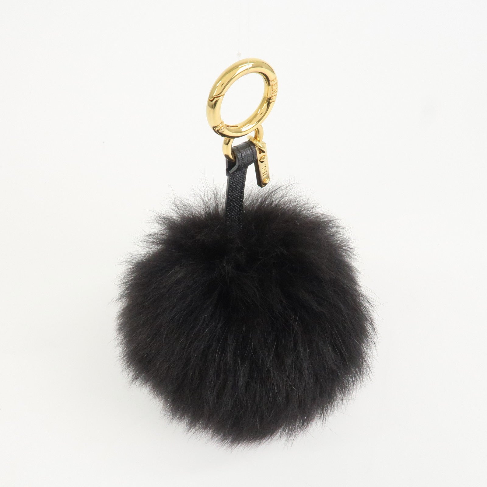 FENDI Fur Leather Pom Pom Bag Charm Key Chain Black