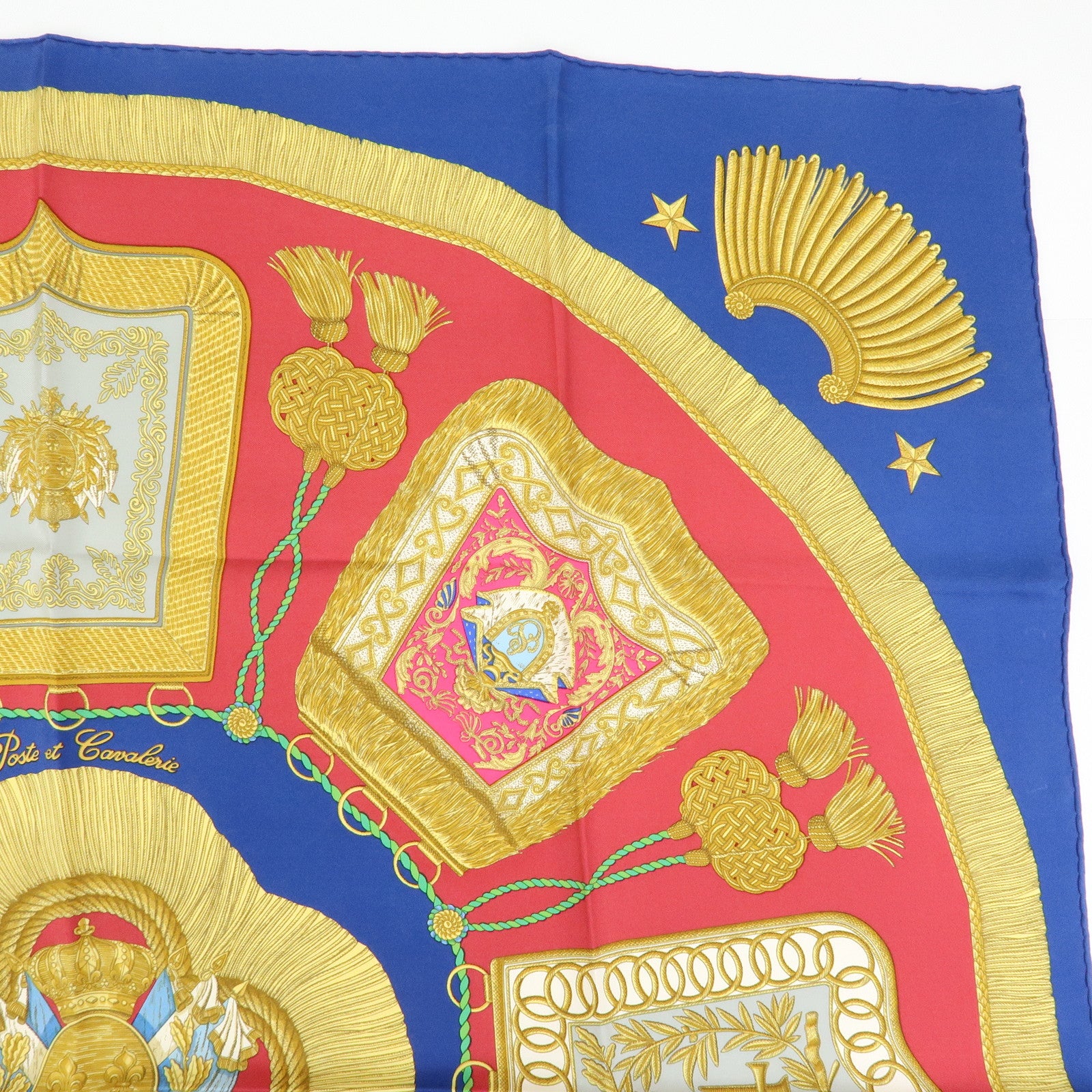 HERMES Carre 90 Silk 100% Scarf Poste et Cavalerie Blue Yellow Red
